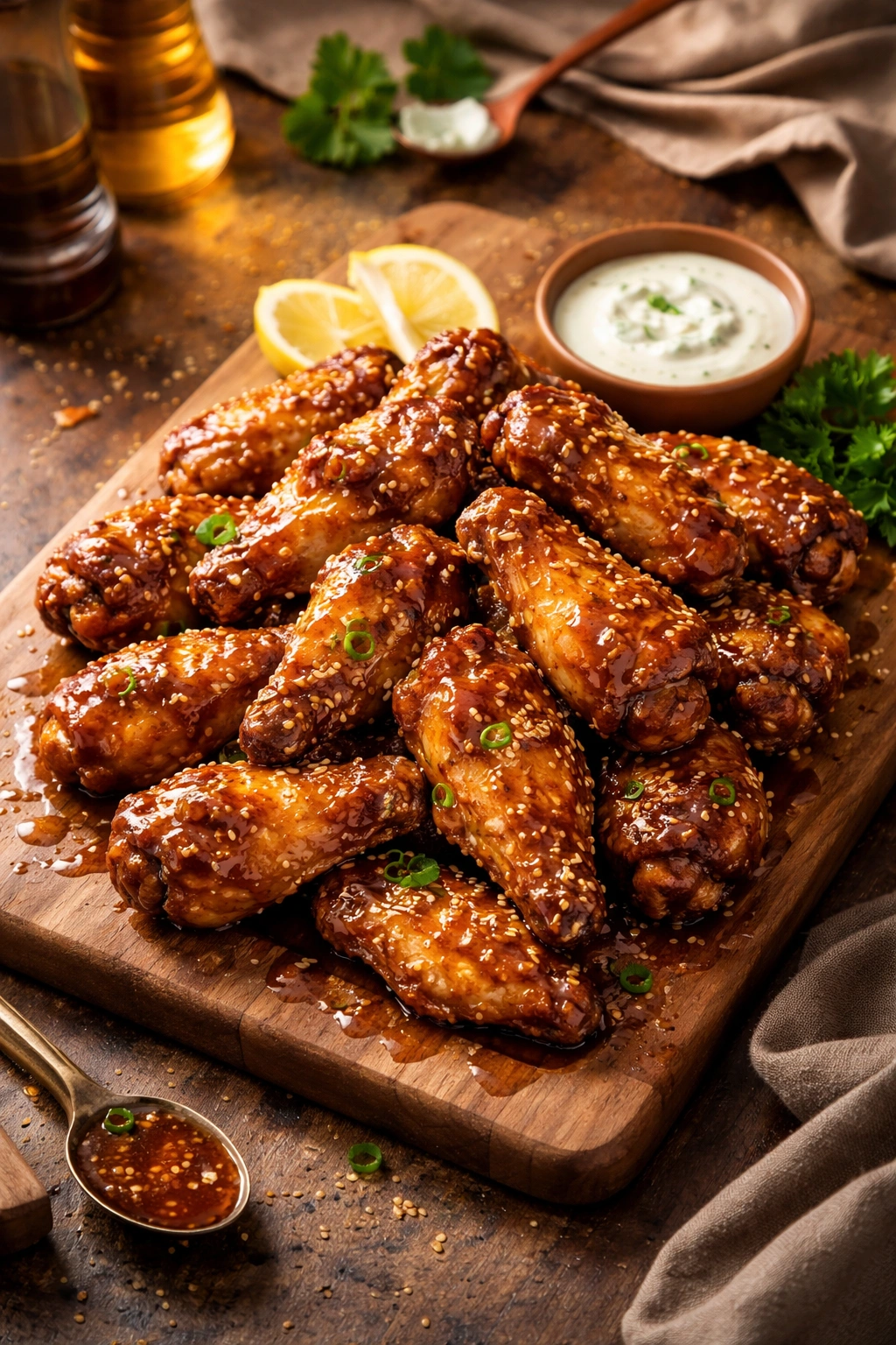 Plate of glossy honey garlic wings with caramelized glaze on a wooden board