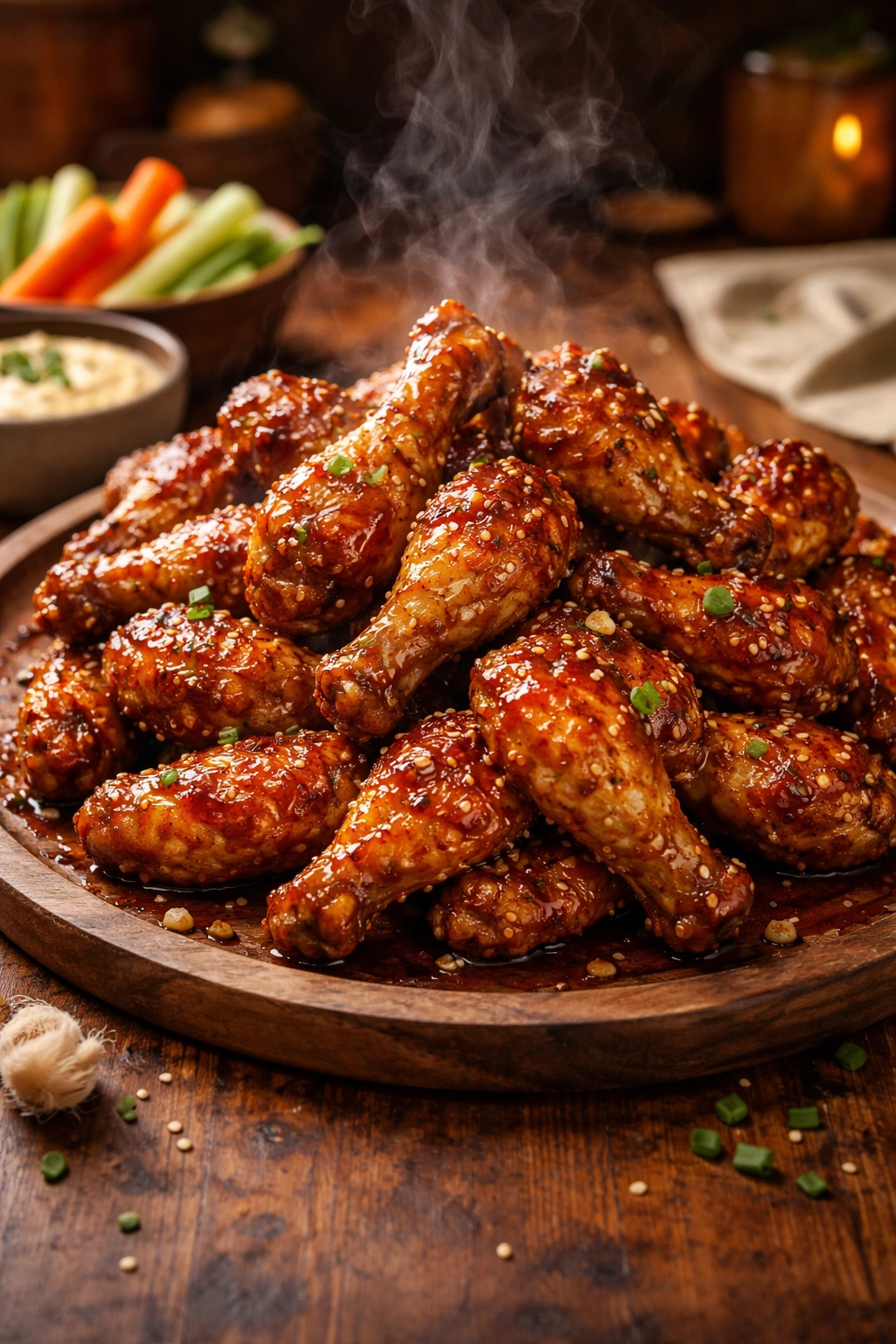 Close-up of glossy honey garlic wings on a wooden platter with steam