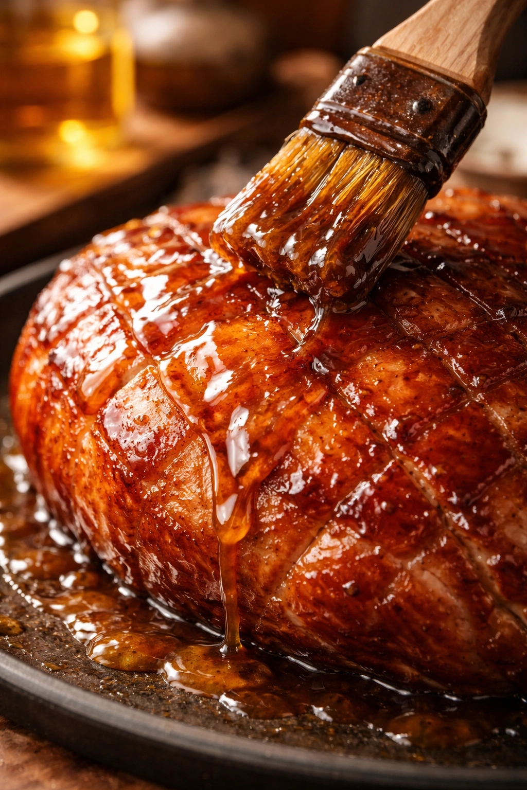 Close-up of glossy amber honey glaze on ham surface.