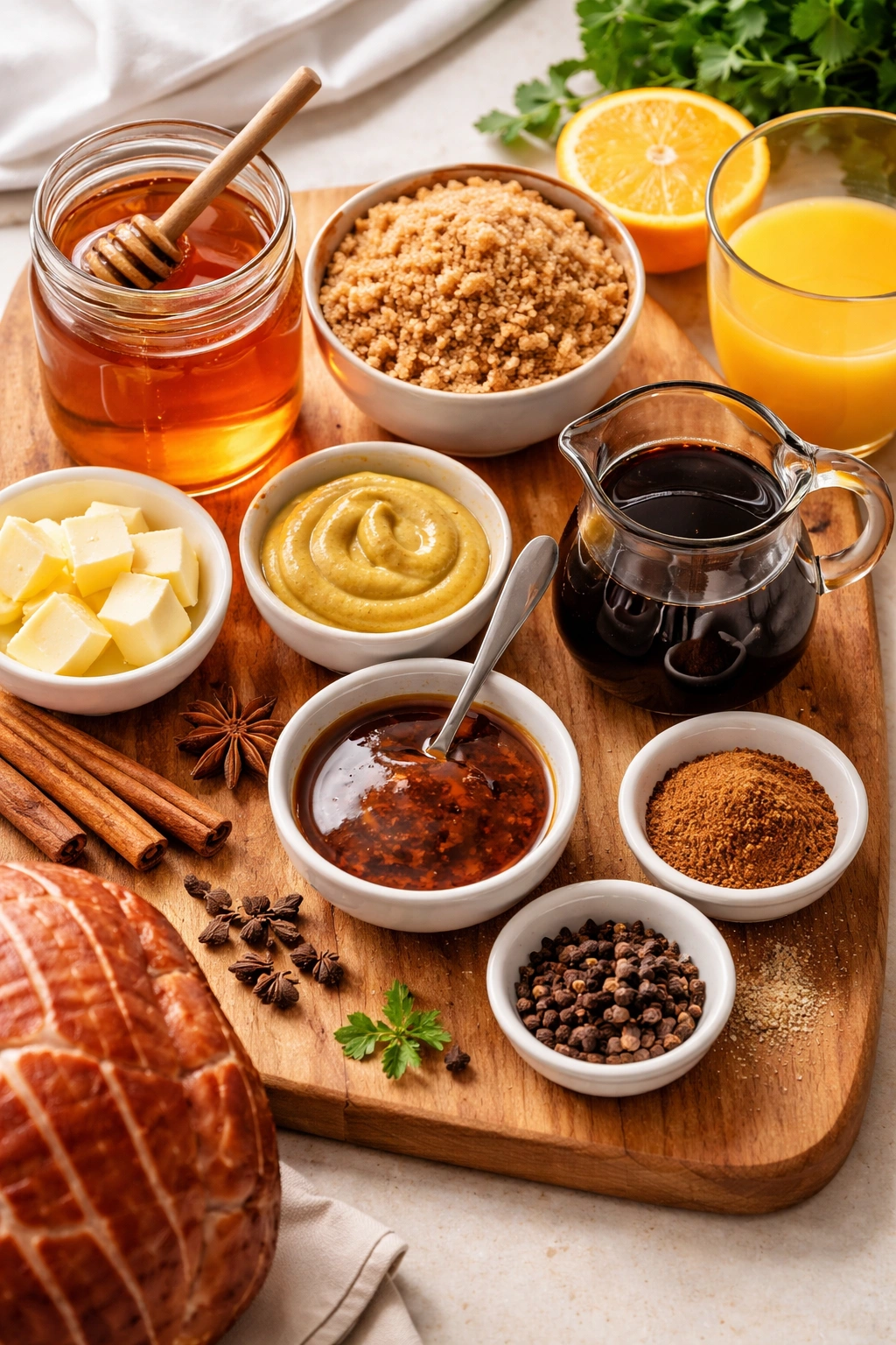 Assorted ingredients for honey glazed ham arranged on board.