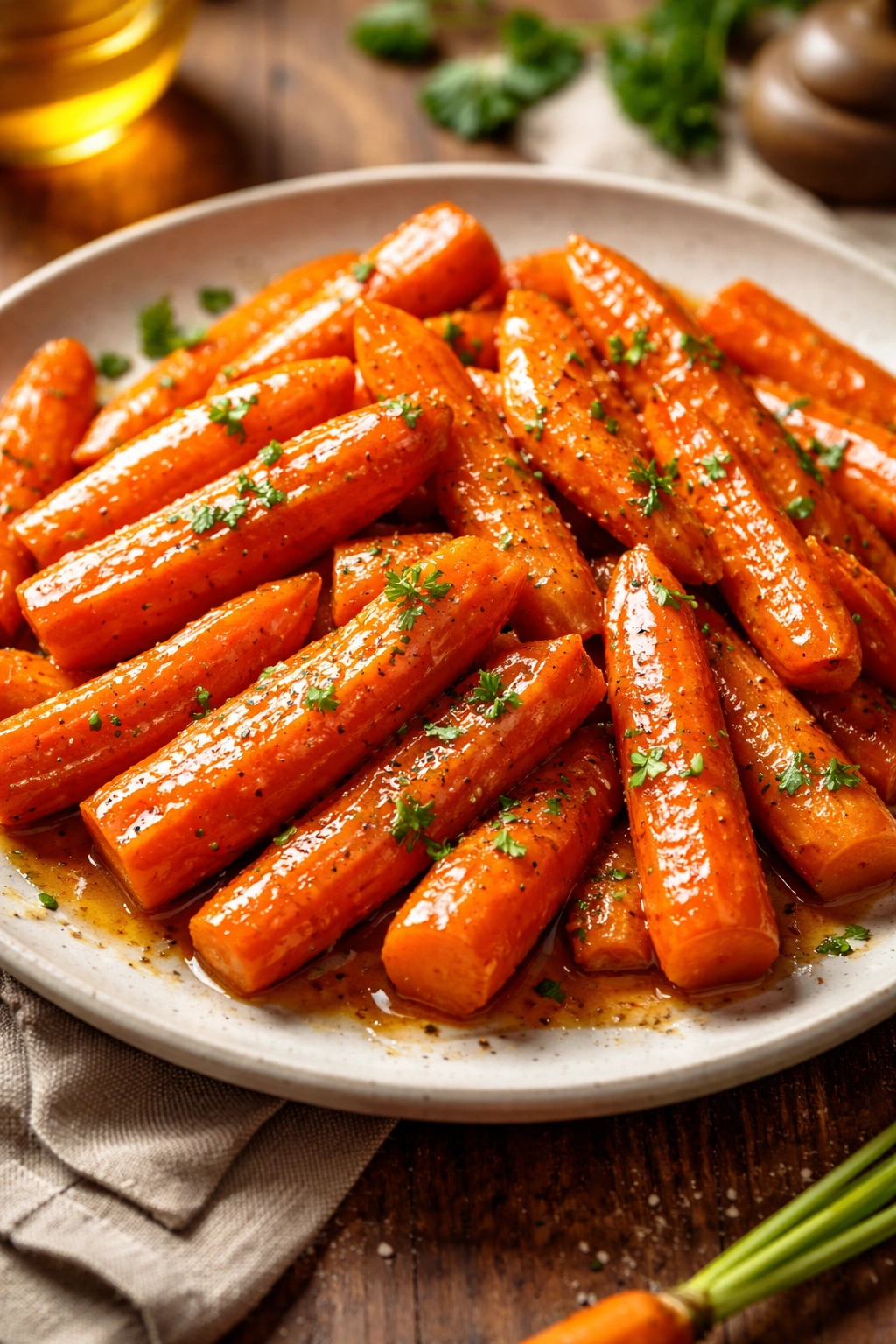 Glossy honey-glazed carrot batons on a plate