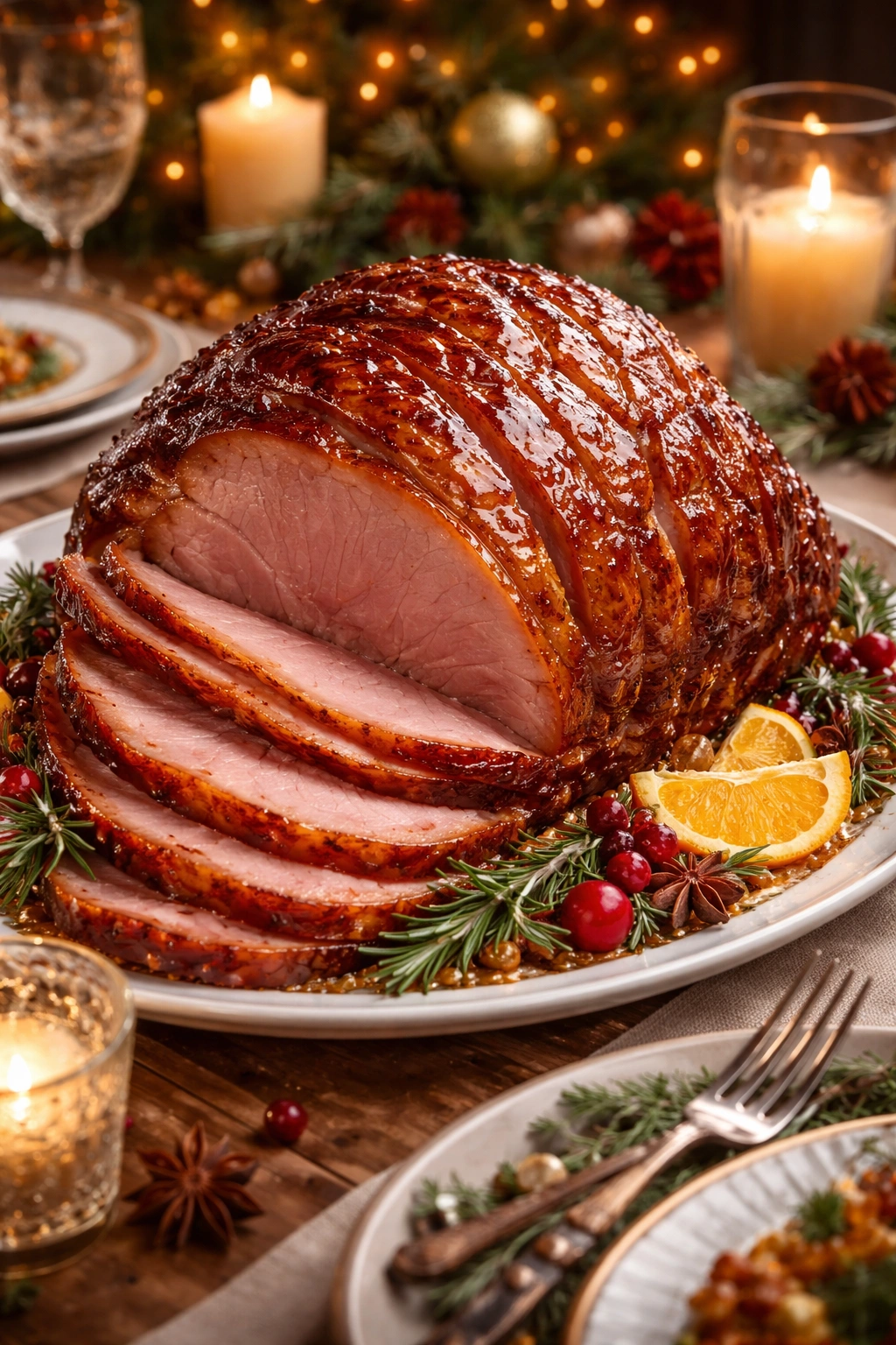 Close-up of glossy honey glazed ham centerpiece on a festive platter.