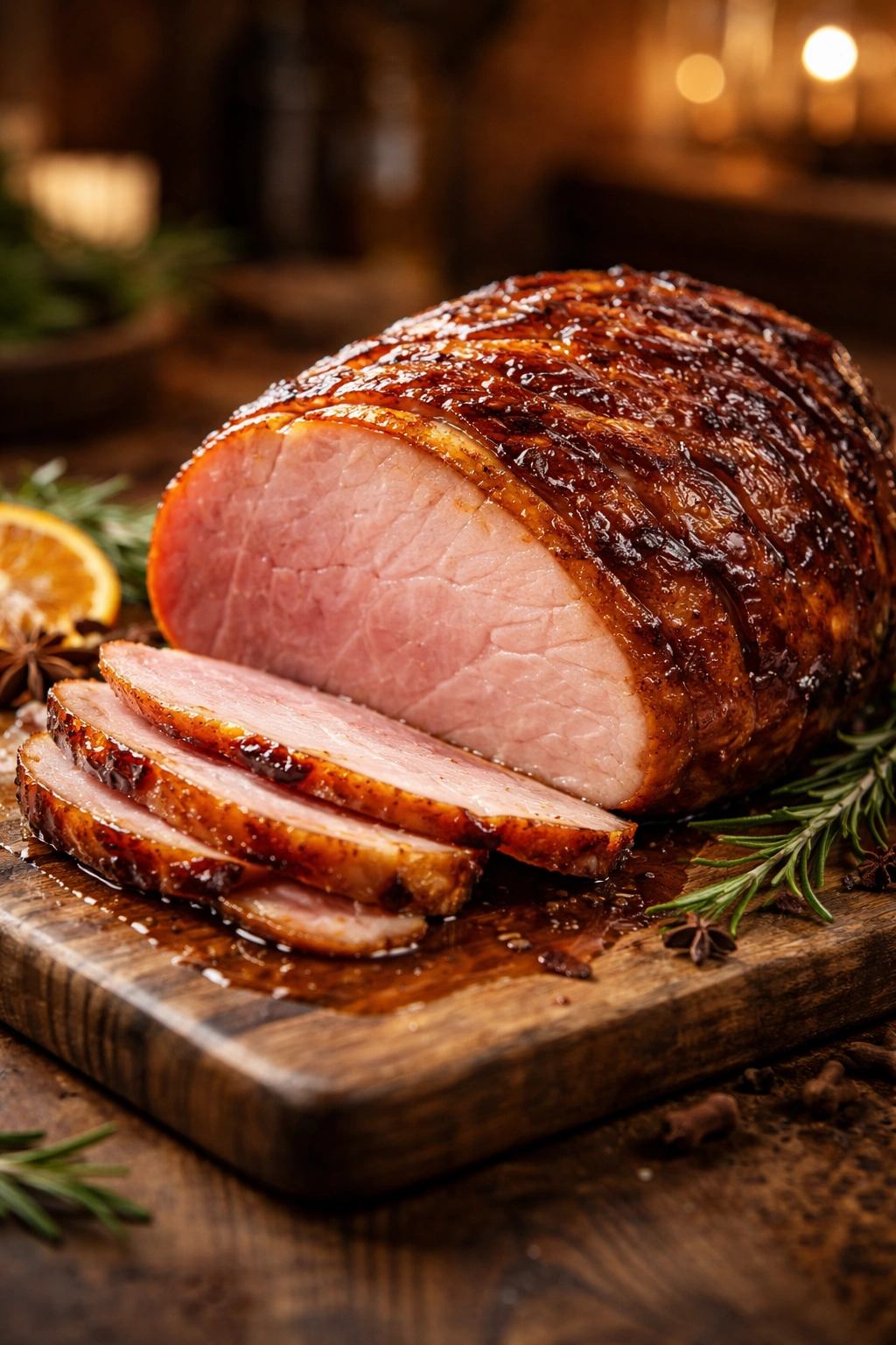 Glossy honey glazed ham on a wooden board with warm kitchen lighting