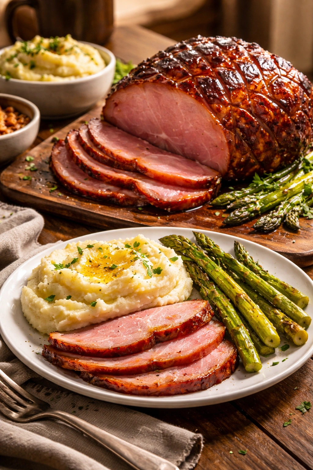 Honey glazed ham plated with mashed potatoes and roasted asparagus on a wooden board