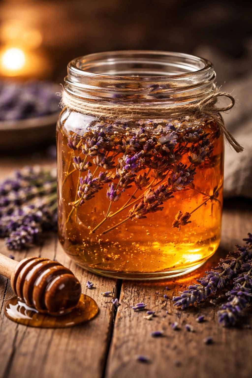 Lavender-infused honey in a jar on wood with soft lighting