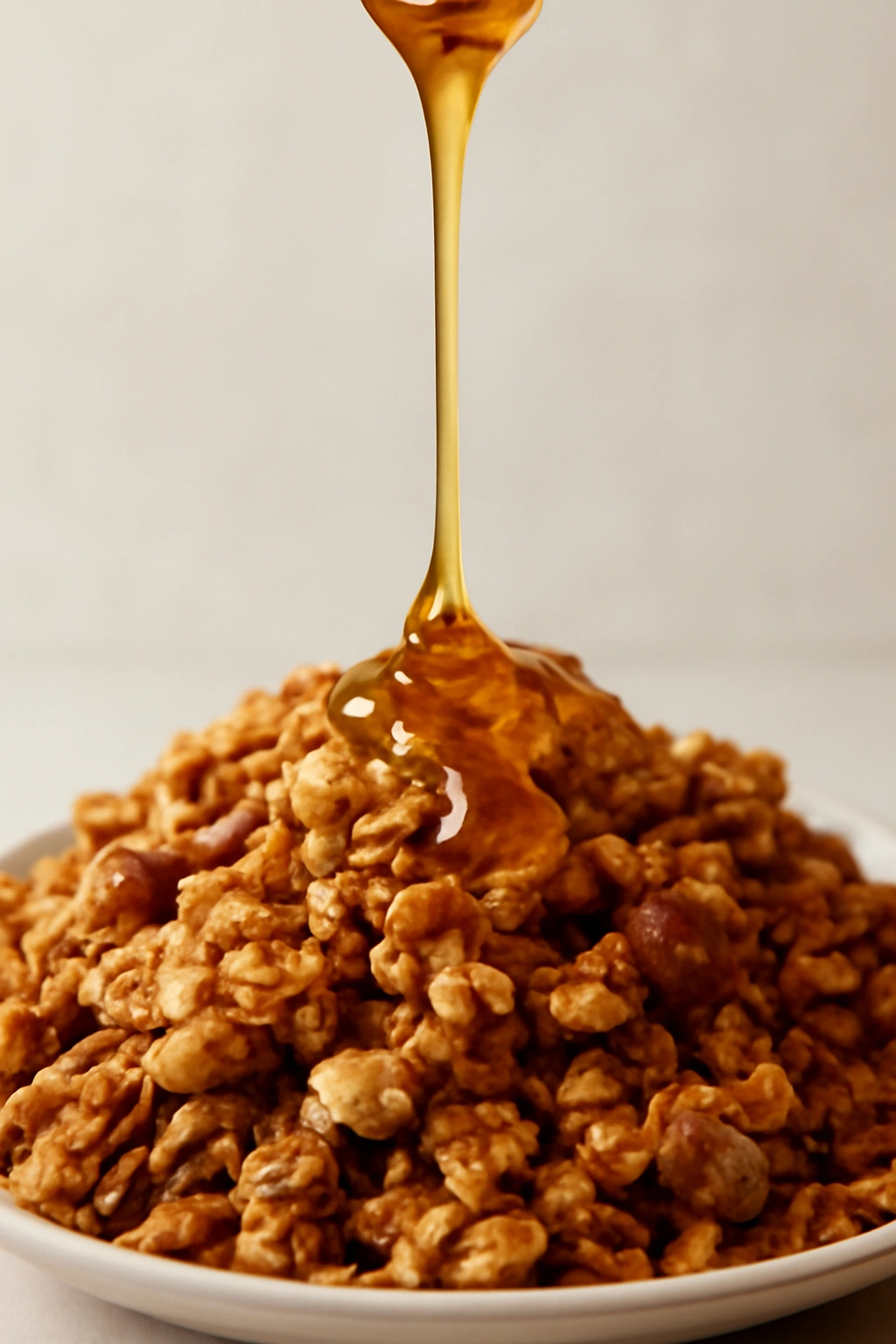Honey drizzle over granola highlighting caramel tones