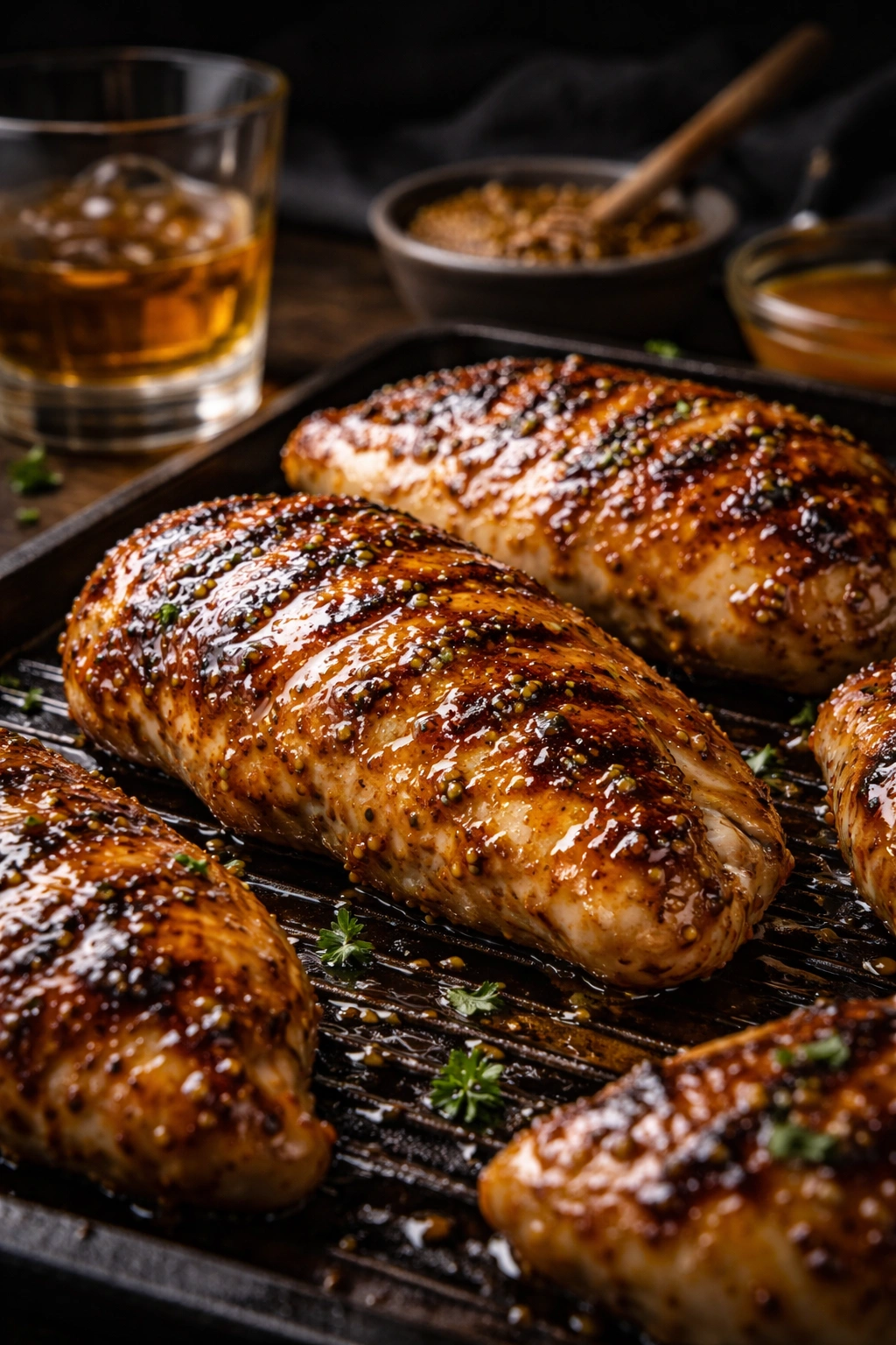Close-up of honey mustard bourbon glazed chicken