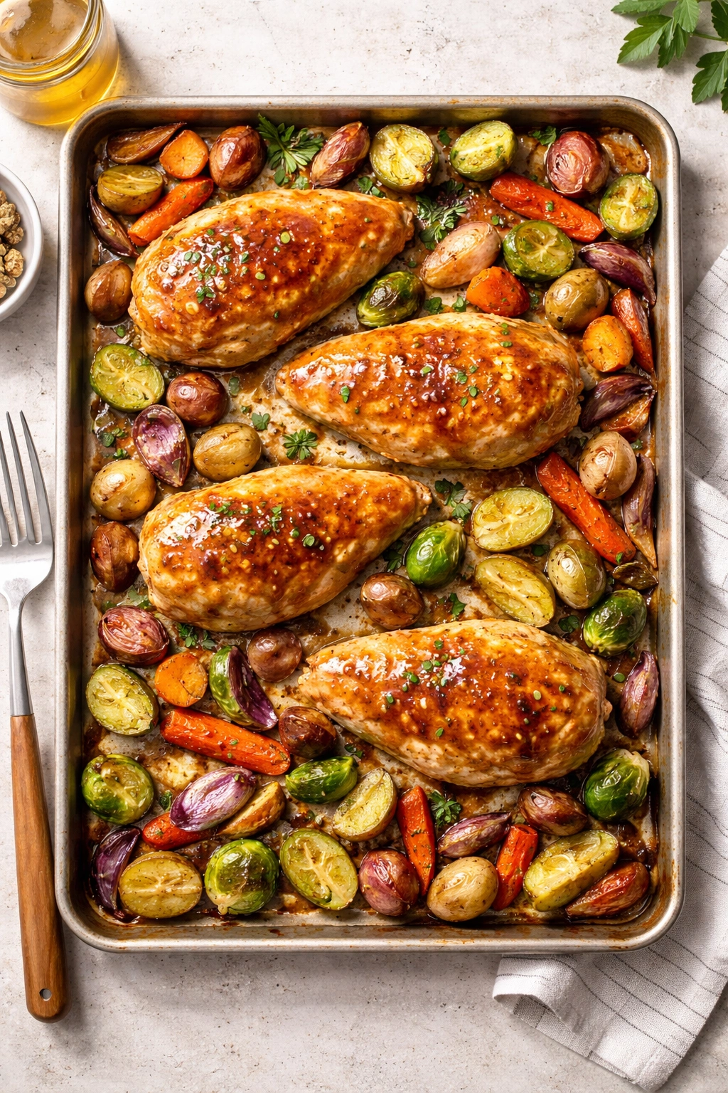Honey mustard chicken with roasted vegetables on sheet pan