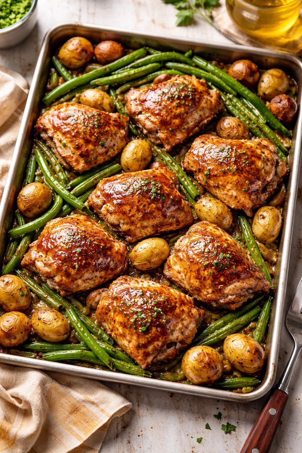 Sheet pan honey mustard chicken with potatoes and green beans