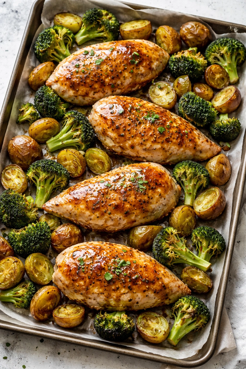 Honey mustard glazed chicken with roasted vegetables on sheet pan