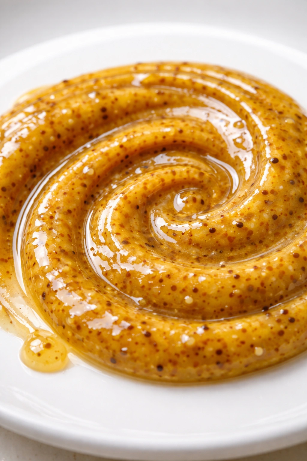 Glossy honey mustard glaze swirl with mustard seeds