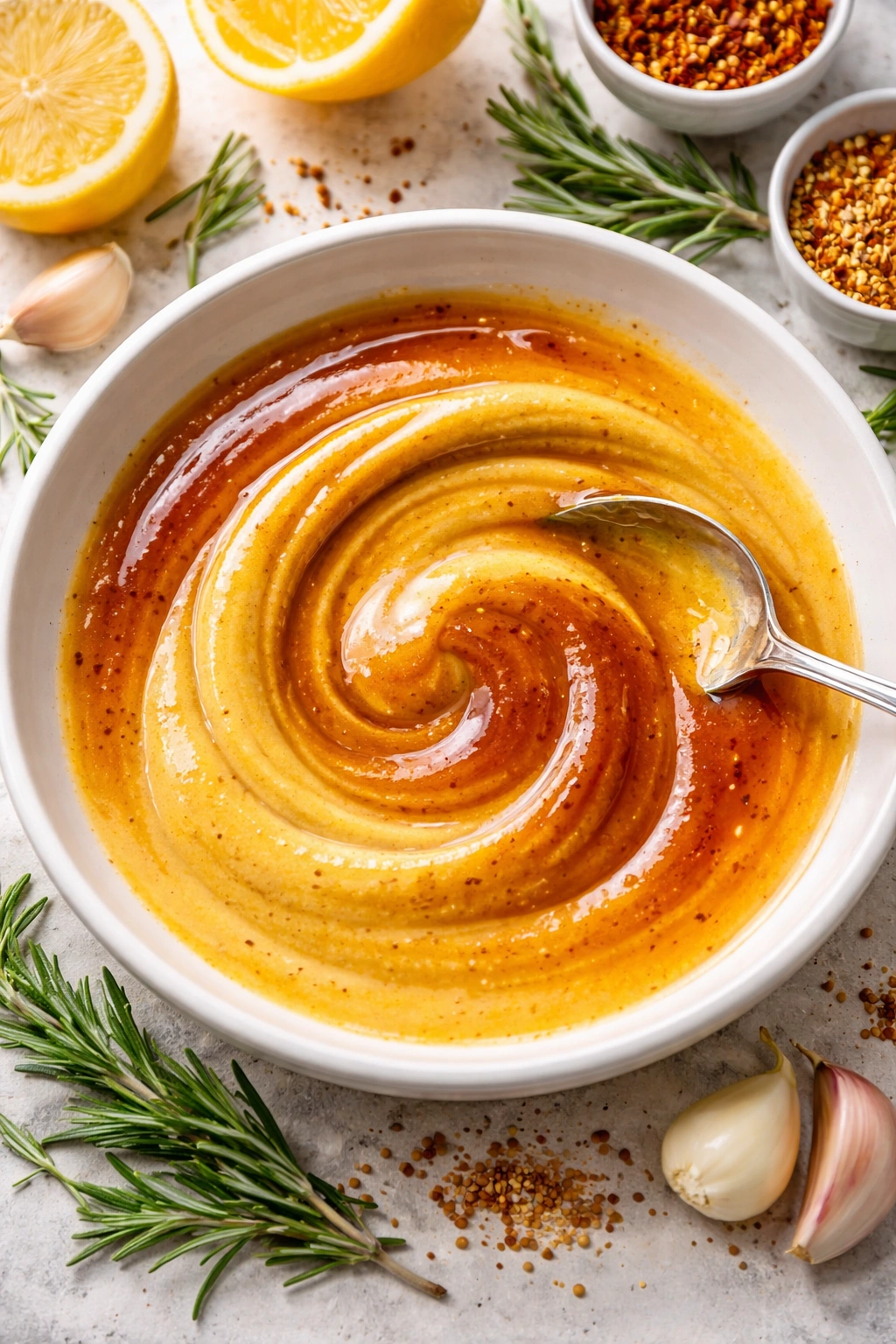 Swirl of honey mustard glaze in a small dish with gradient colors.