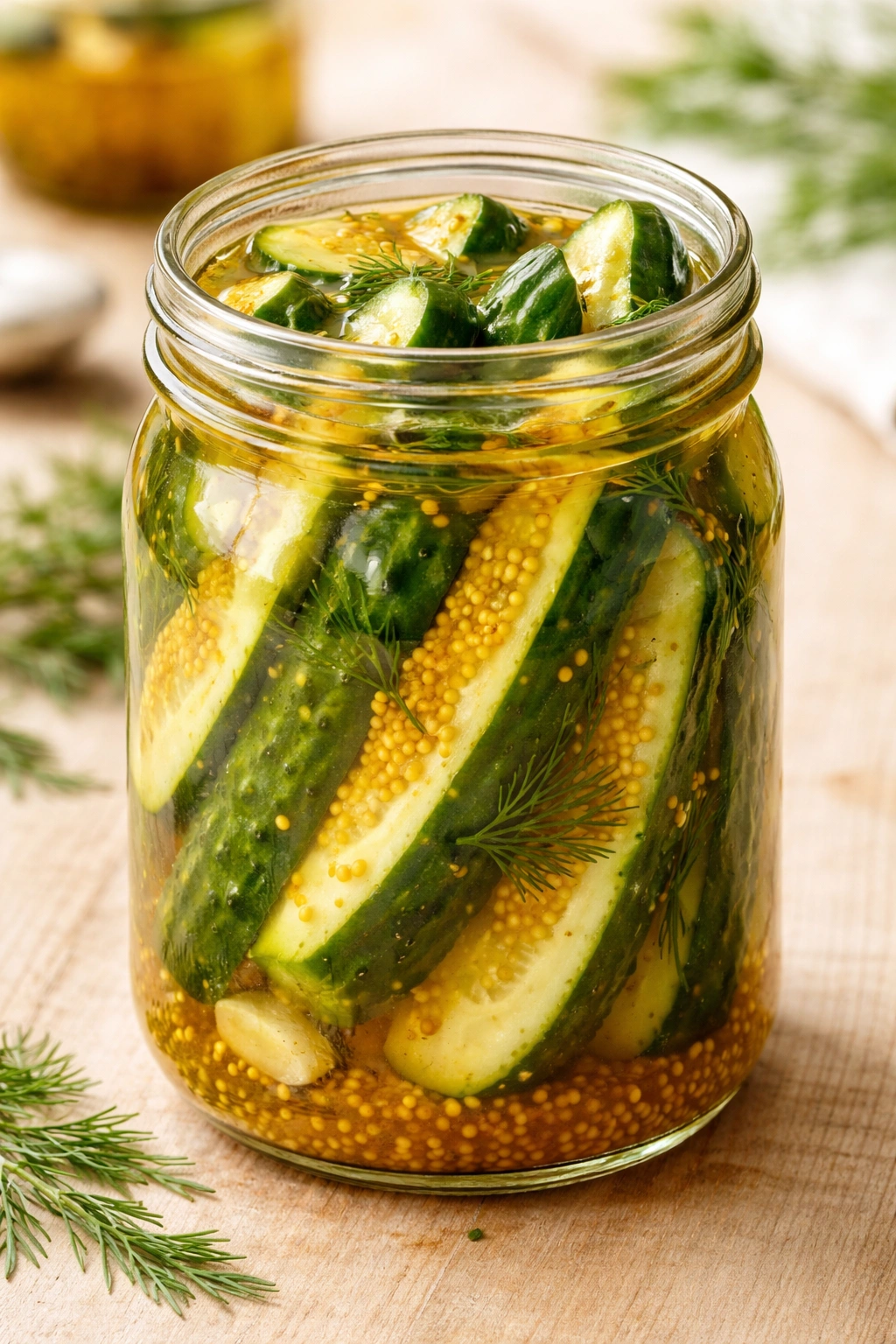 Close-up of honey mustard pickles in a glass jar on a light wooden surface