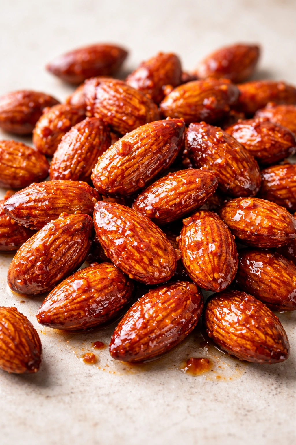 Close-up of glossy honey-Sriracha glazed almonds