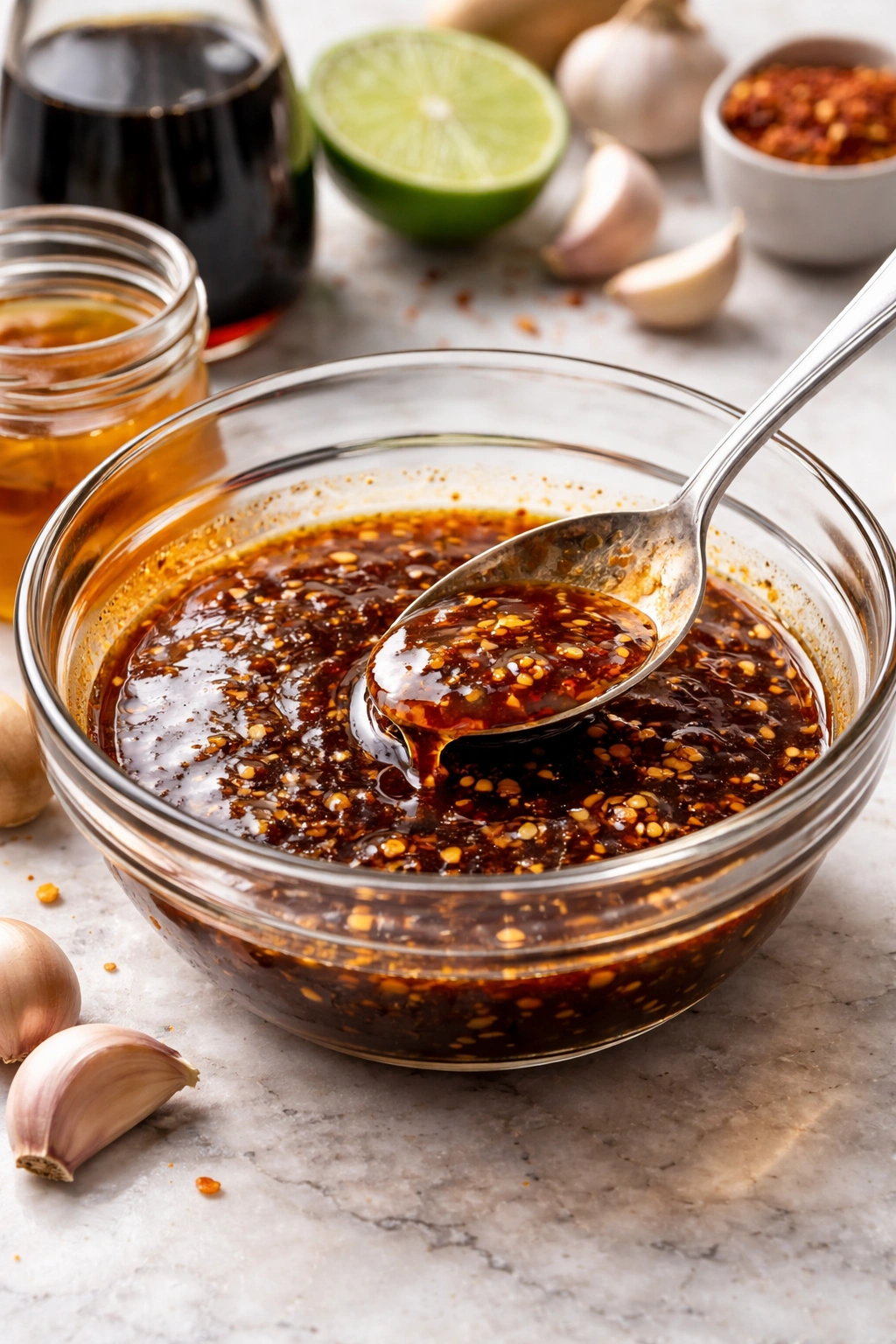 Glossy glaze marinade in glass bowl for honey soy wings