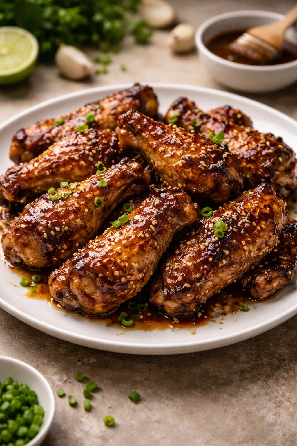 Close-up of glossy honey soy chicken wings with caramelized glaze on a plate