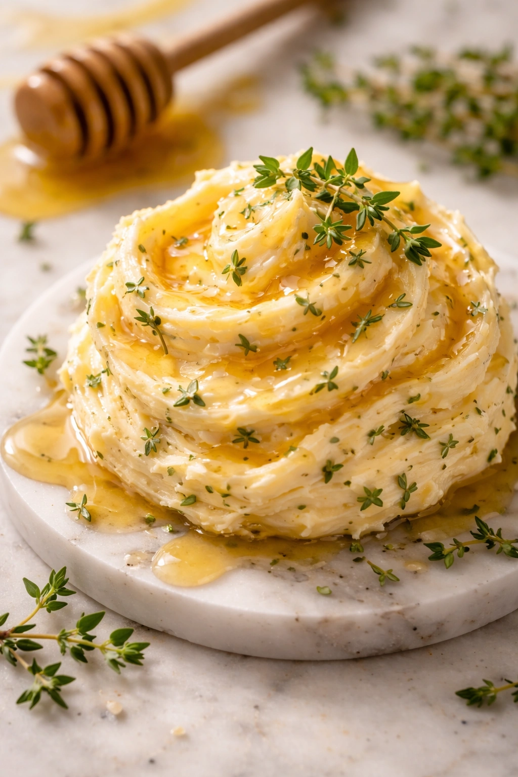 Butter with honey ribbons and thyme on marble