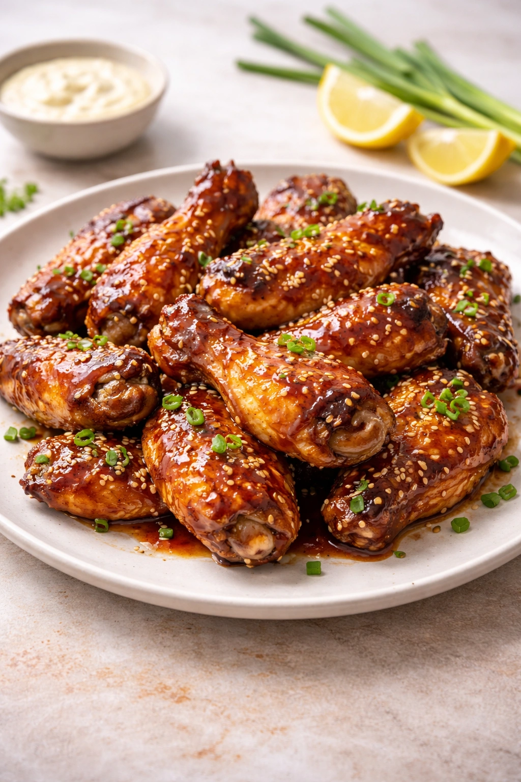 Plate of honey-glazed chicken wings ready to serve