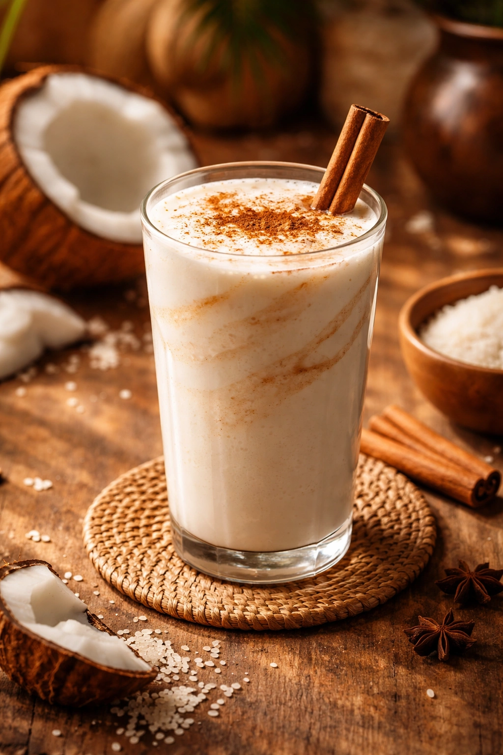Creamy coconut horchata in a tall glass with cinnamon dusting and warm kitchen lighting