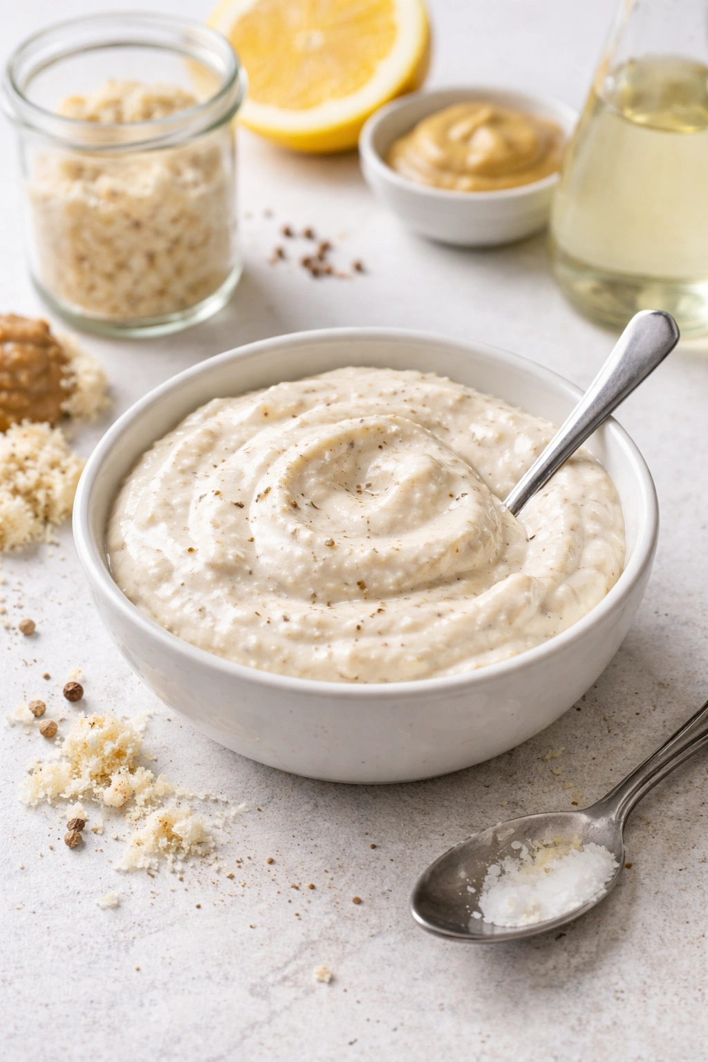 Bowl of horseradish cream with spoon on clean surface