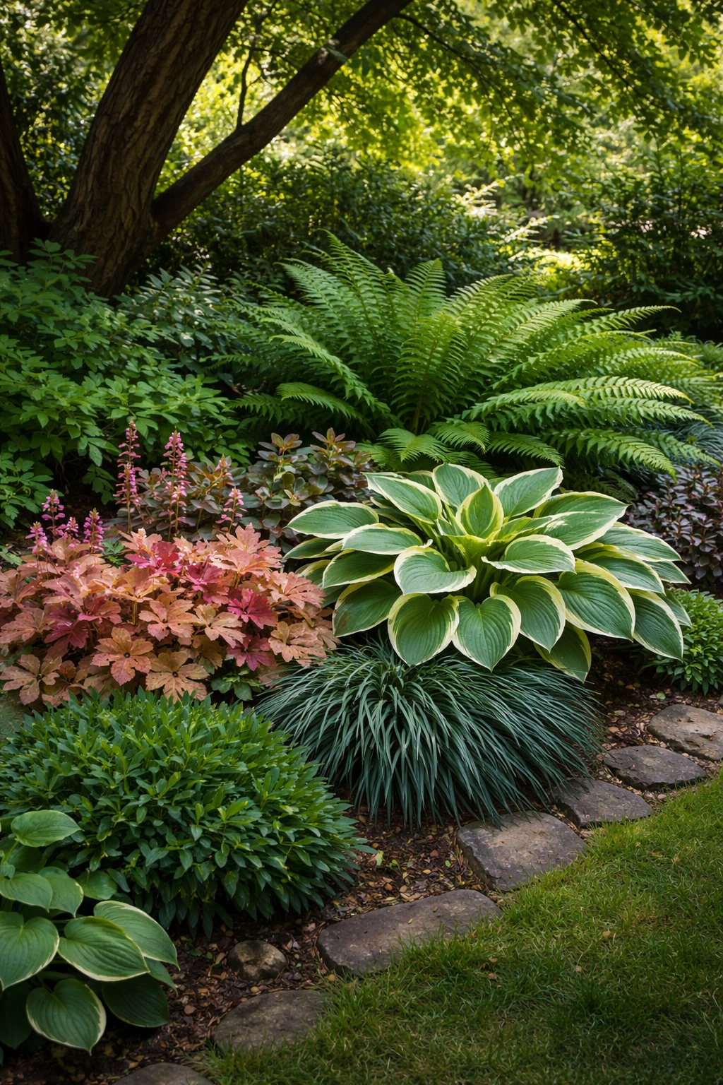 Shade garden with hostas, ferns, heuchera, and mondo grass in San Diego