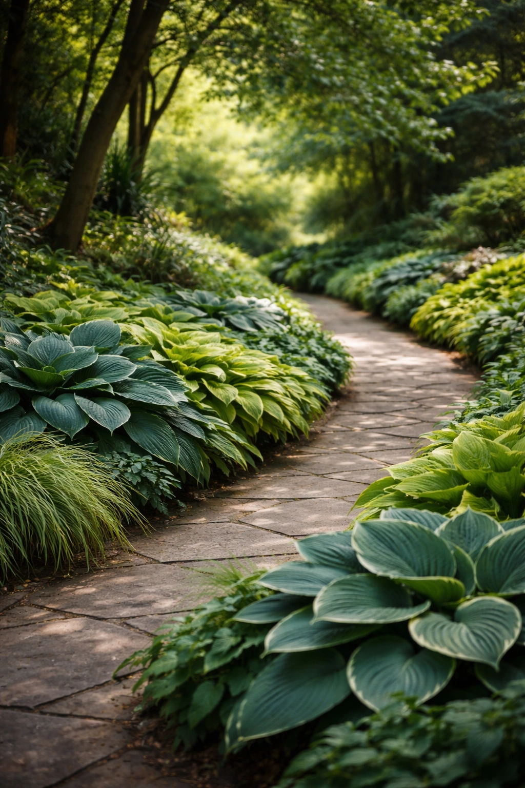 Hostas lining a shaded covered walkway with lush green leaves