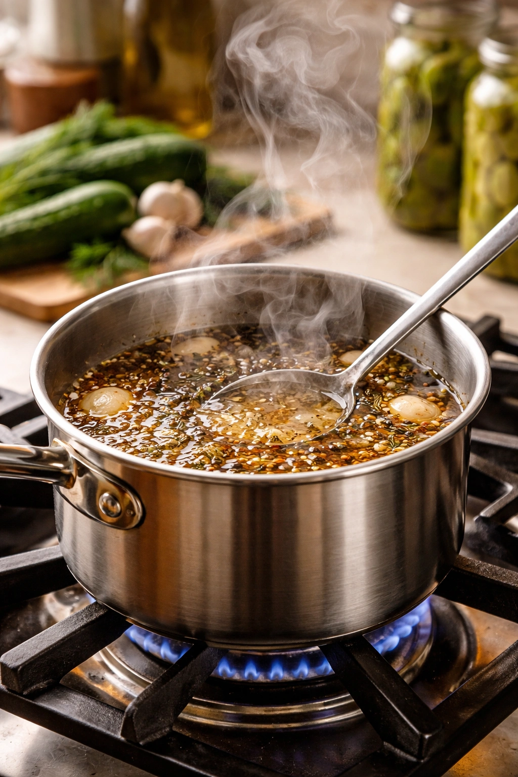 Steam rising from hot brine in a small pot on a stove in a kitchen setting