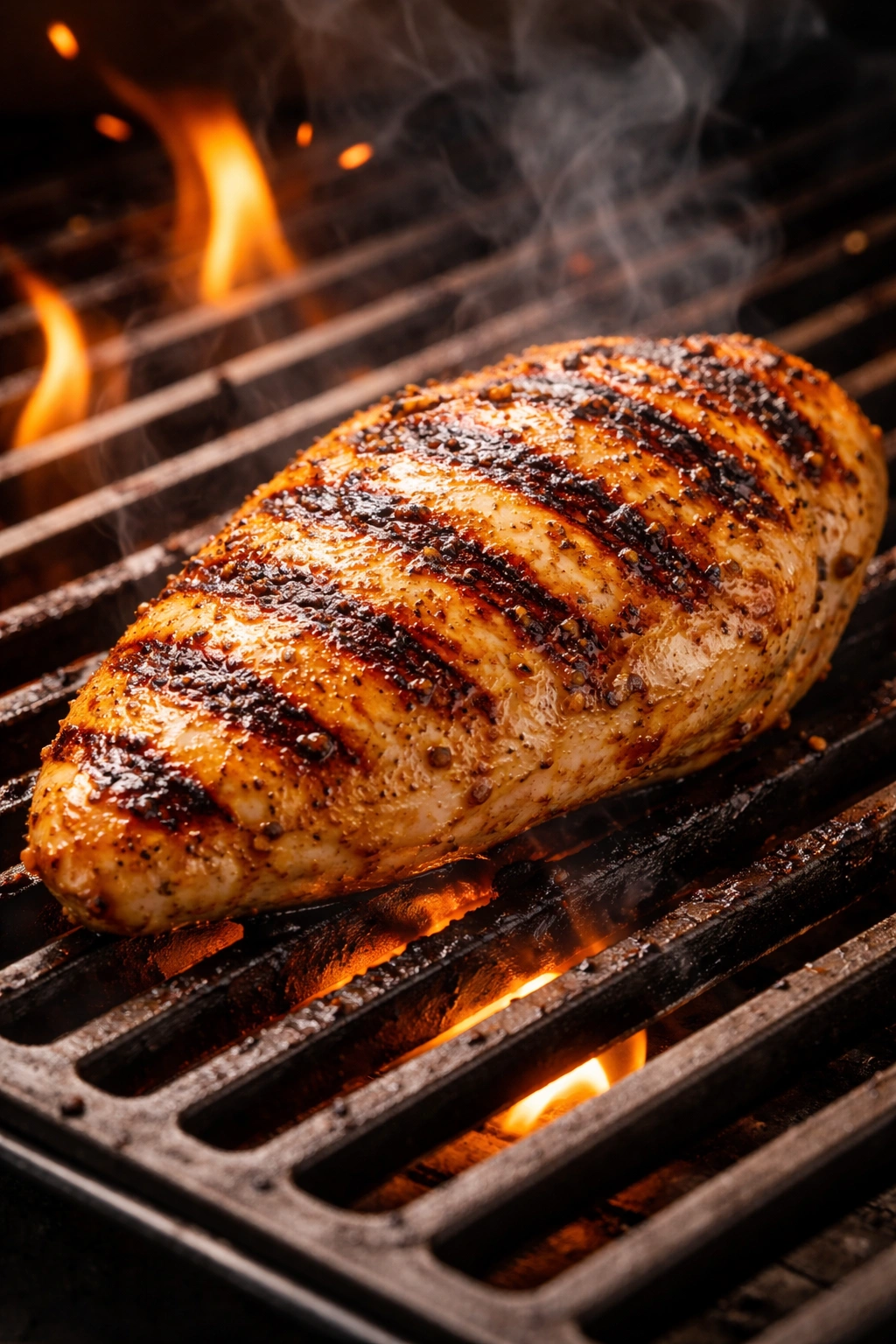 Close-up of a chicken breast searing on a hot grill with strong grill marks