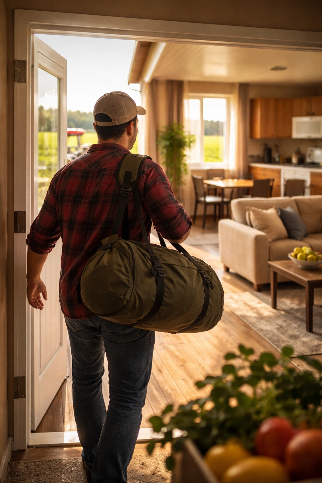 Migrant worker entering furnished housing near a farm