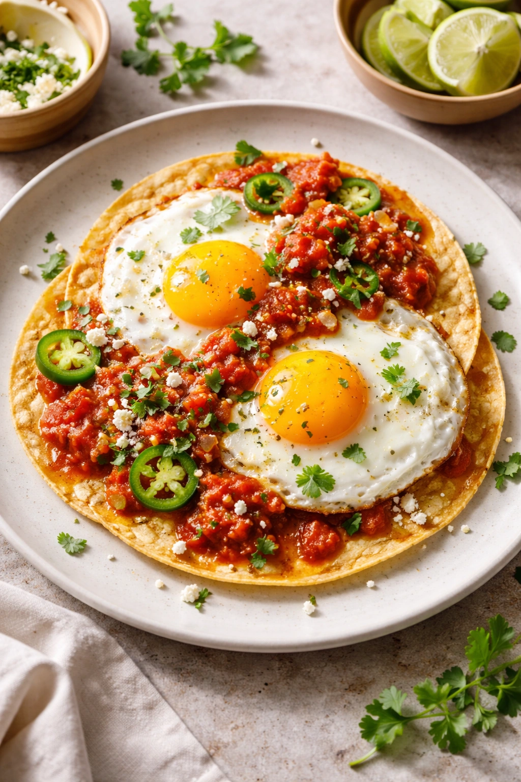 Two fried eggs on crispy tortillas with bright salsa