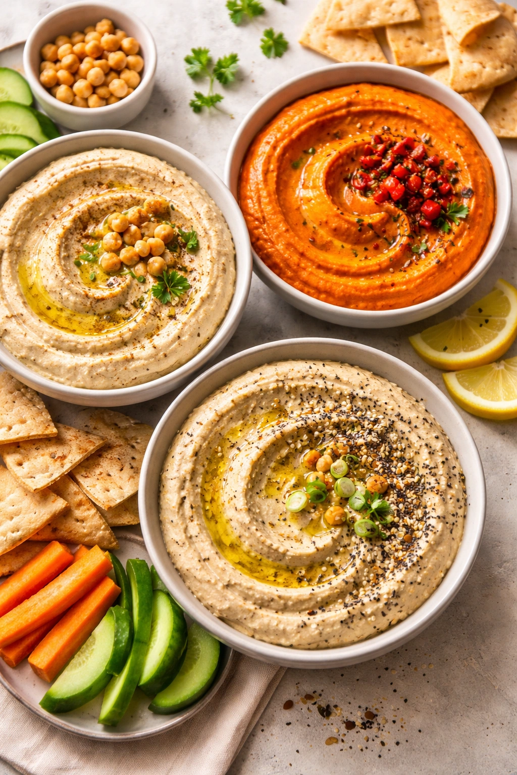 Three bowls of hummus: classic, roasted red pepper, and everything bagel