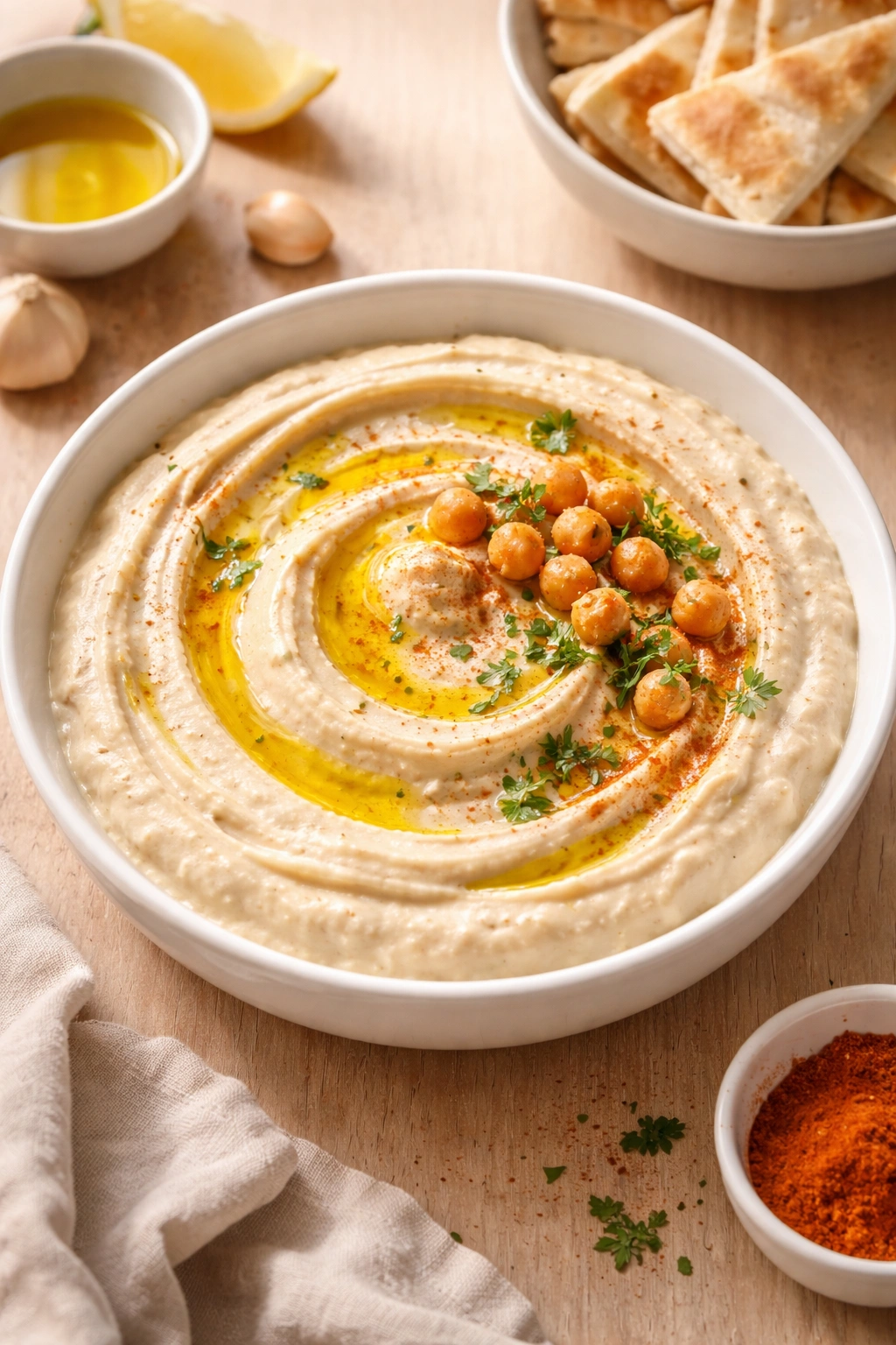 Hummus in a white bowl with olive oil drizzle and paprika, on a light wooden surface