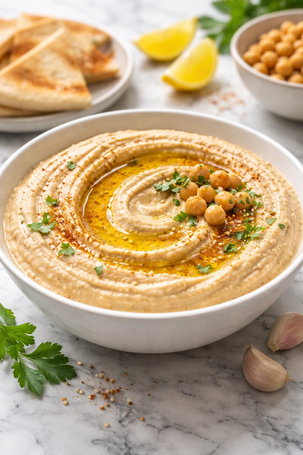 Creamy hummus in a white bowl on a marble surface.