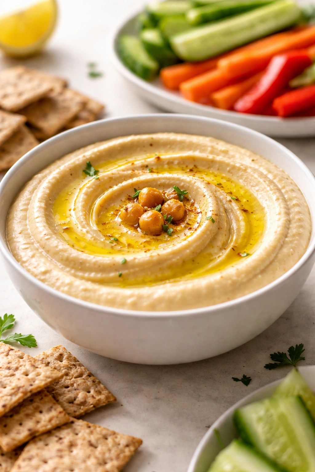 Smooth hummus with olive oil swirl in a white bowl