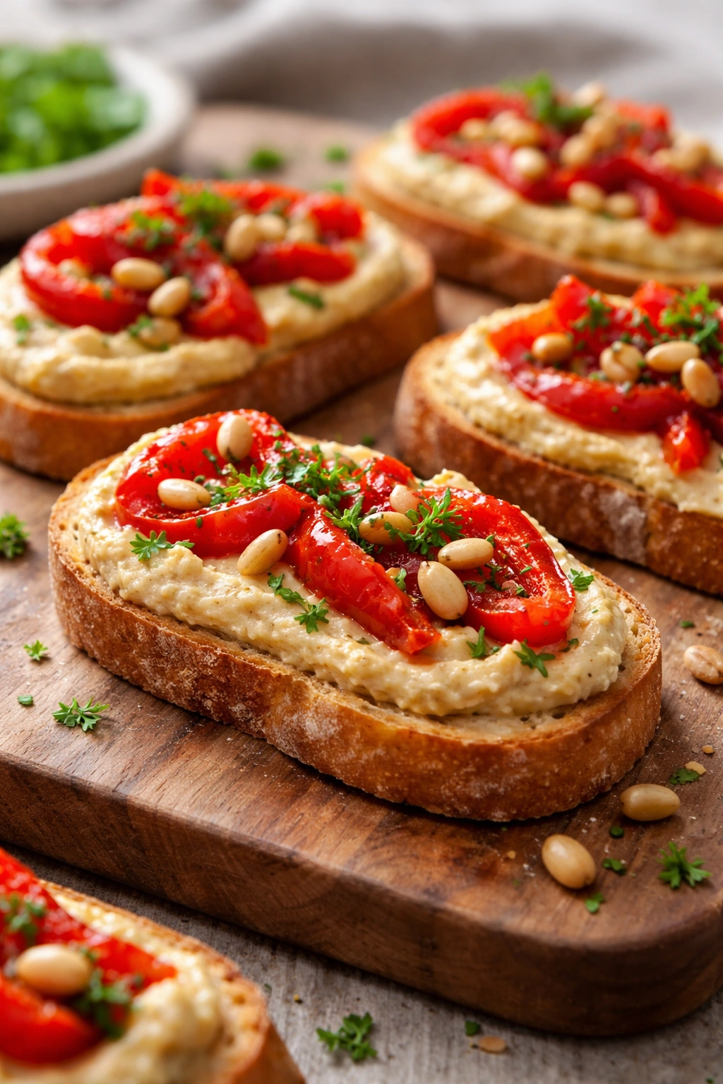 Crostini with hummus, roasted pepper strips, and pine nuts.