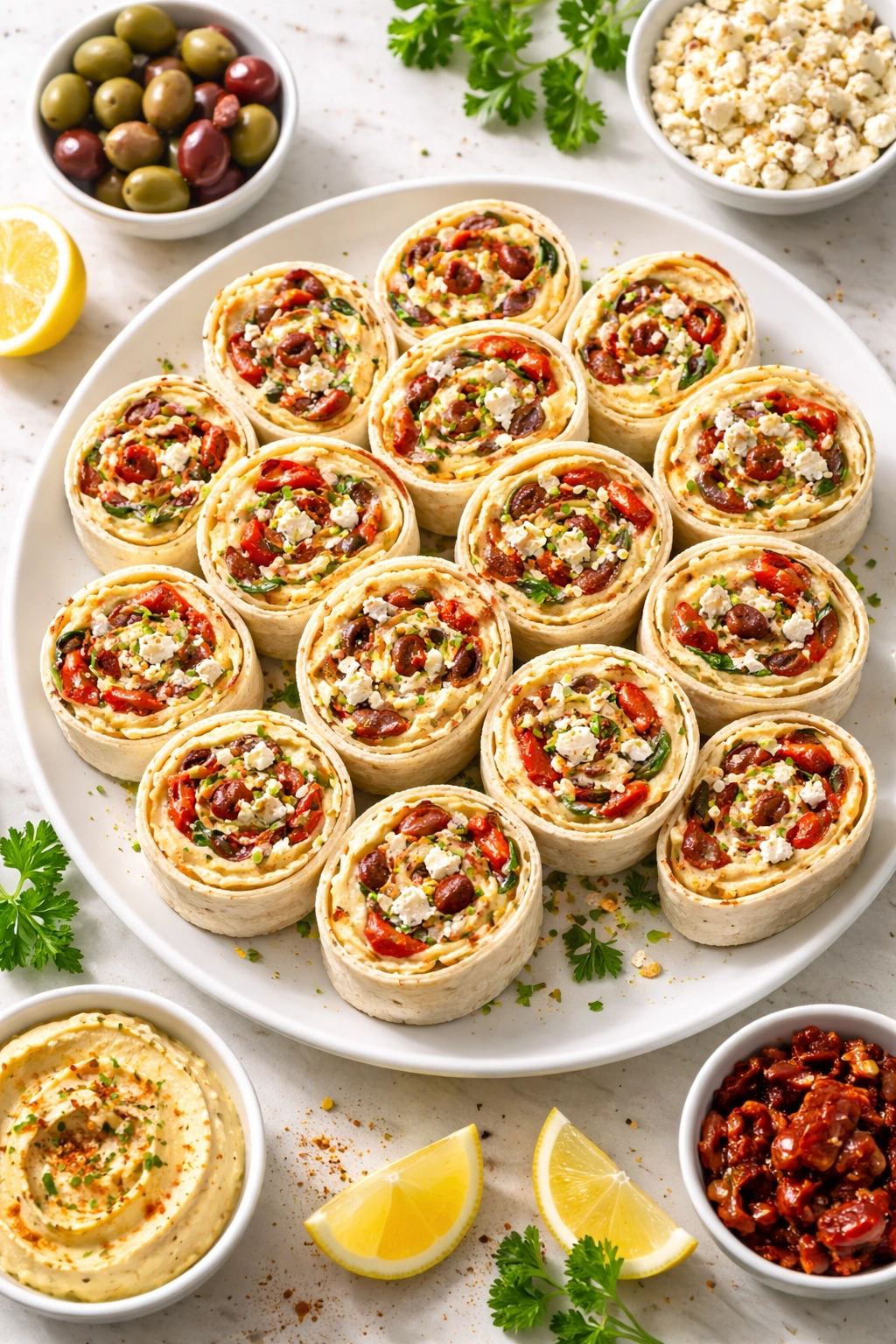 Hummus and roasted red pepper pinwheels cross-section with olives and feta