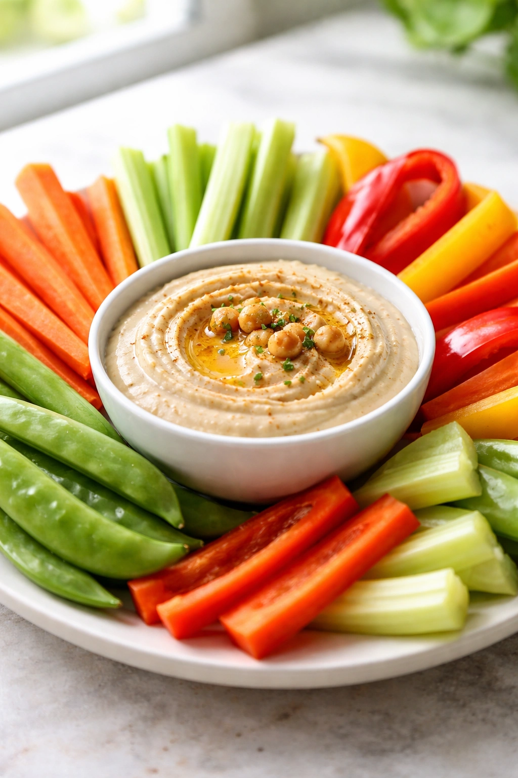 Creamy hummus with carrot sticks and veggie dipping