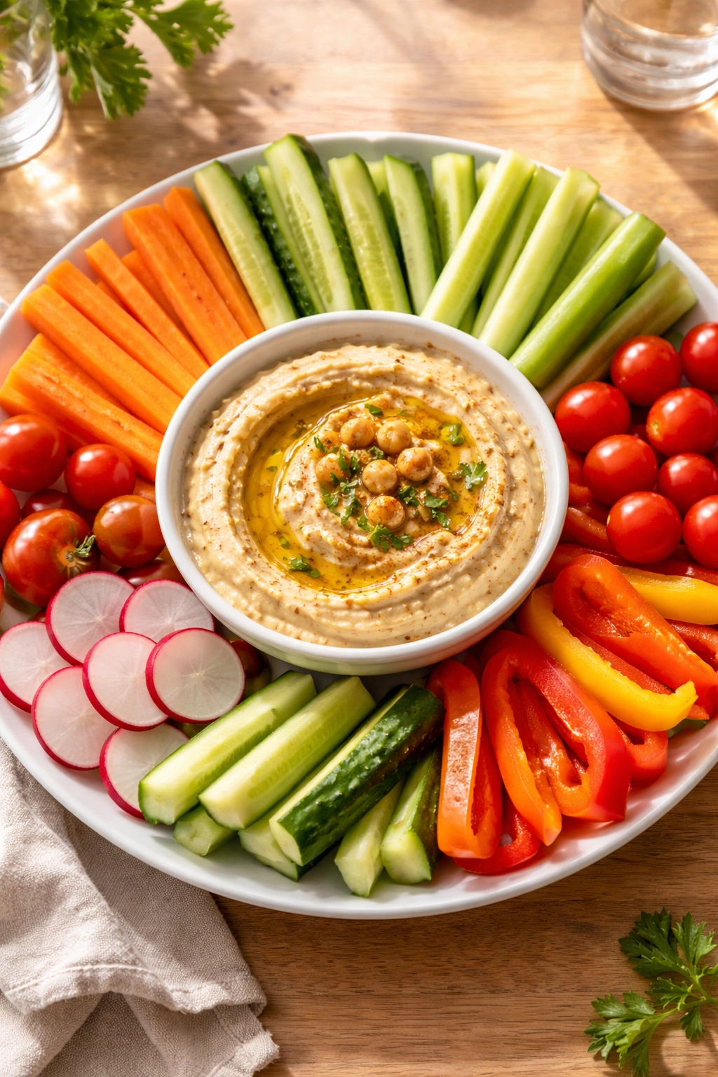 Creamy hummus with fresh vegetables arranged around a white bowl on a wooden surface