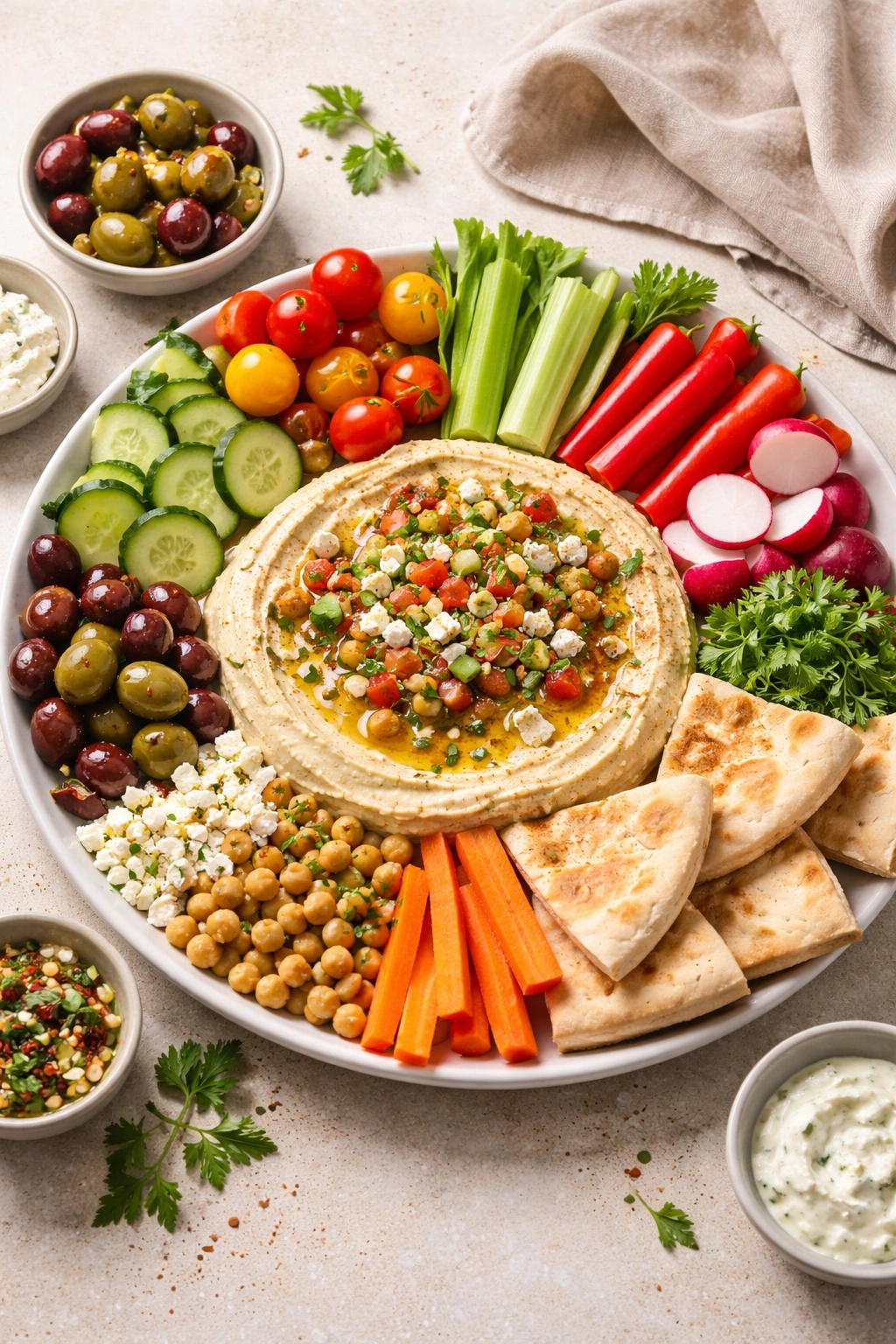 Hummus platter surrounded by vegetables, olives, feta, chickpeas, and pita