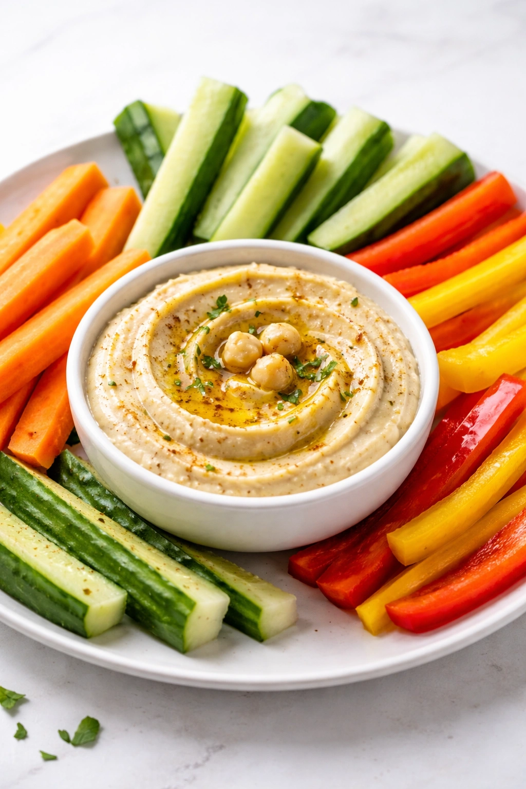 Hummus with carrot, cucumber, and bell pepper sticks around a bowl.