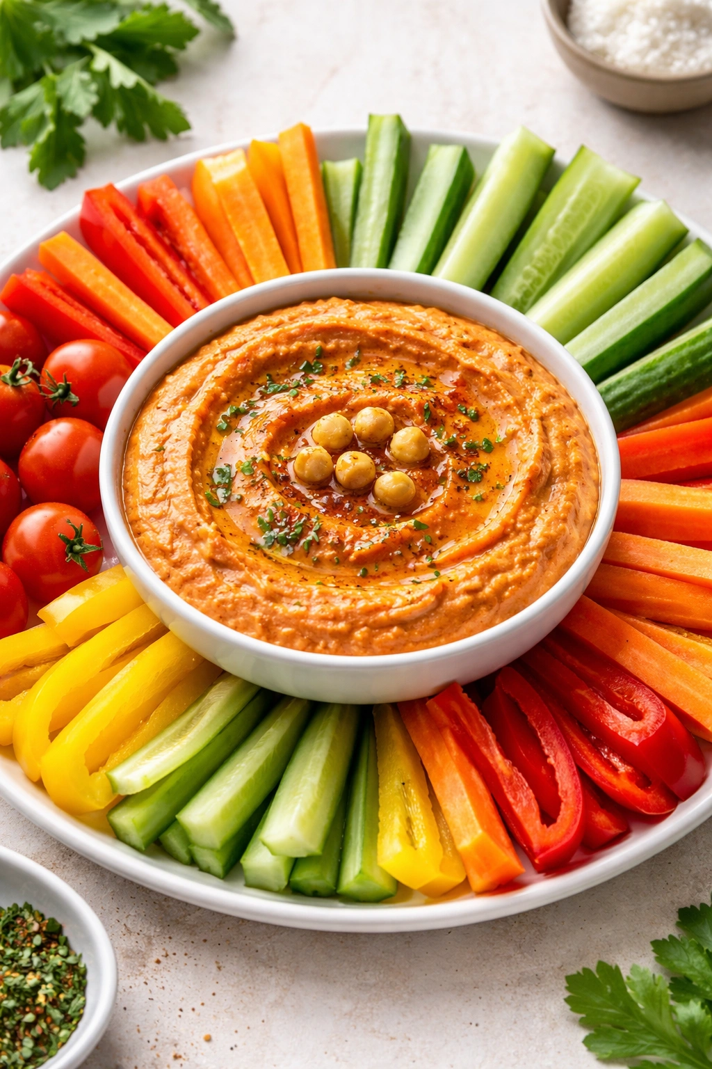 Creamy bell pepper hummus with veggie sticks