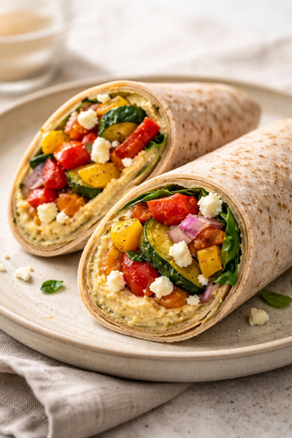 Cross-section of hummus roasted vegetable feta wrap showing hummus, peppers, zucchini, feta