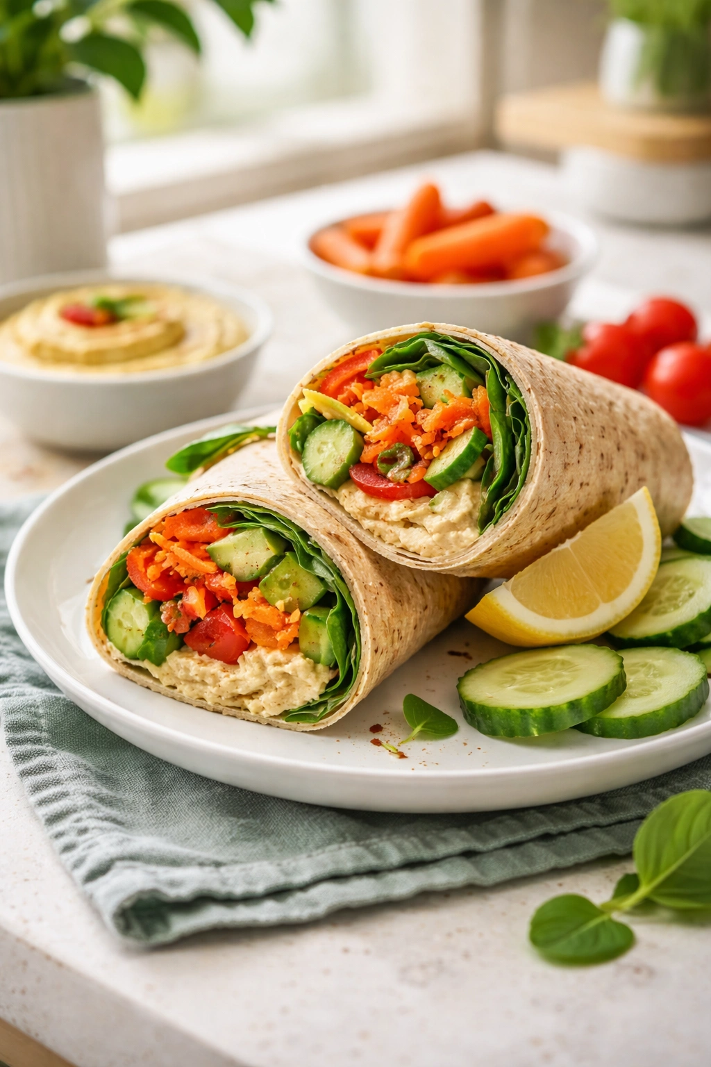 Hummus and veggie wrap on plate for quick snack