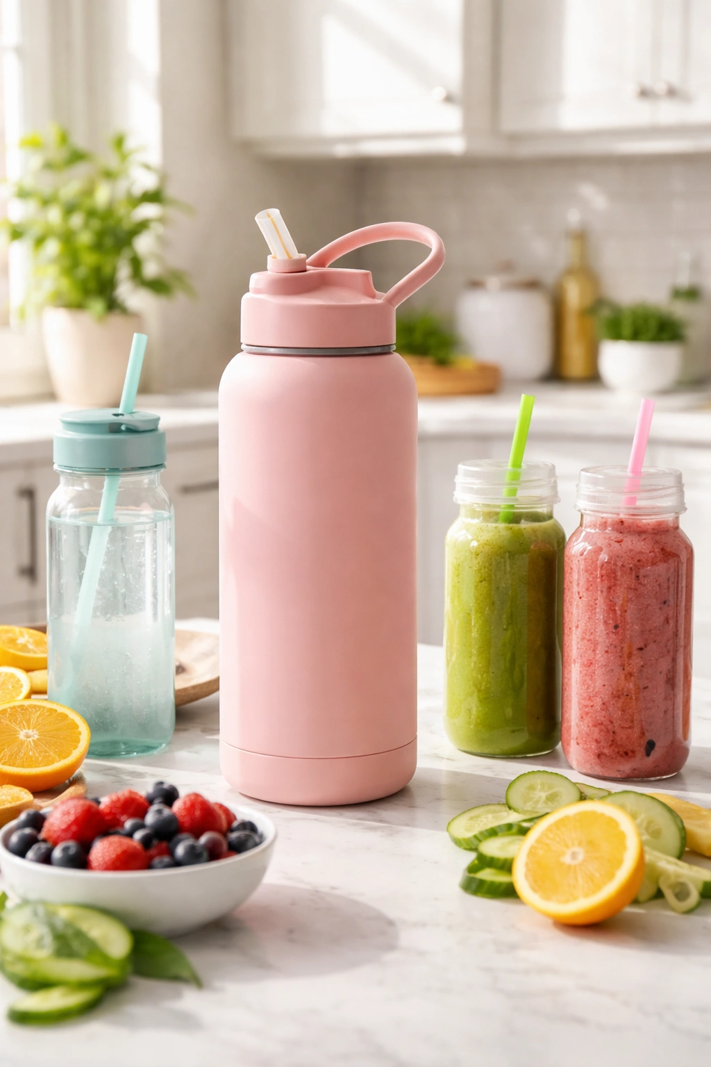 Large water bottle with straw on kitchen counter for hydration ideas
