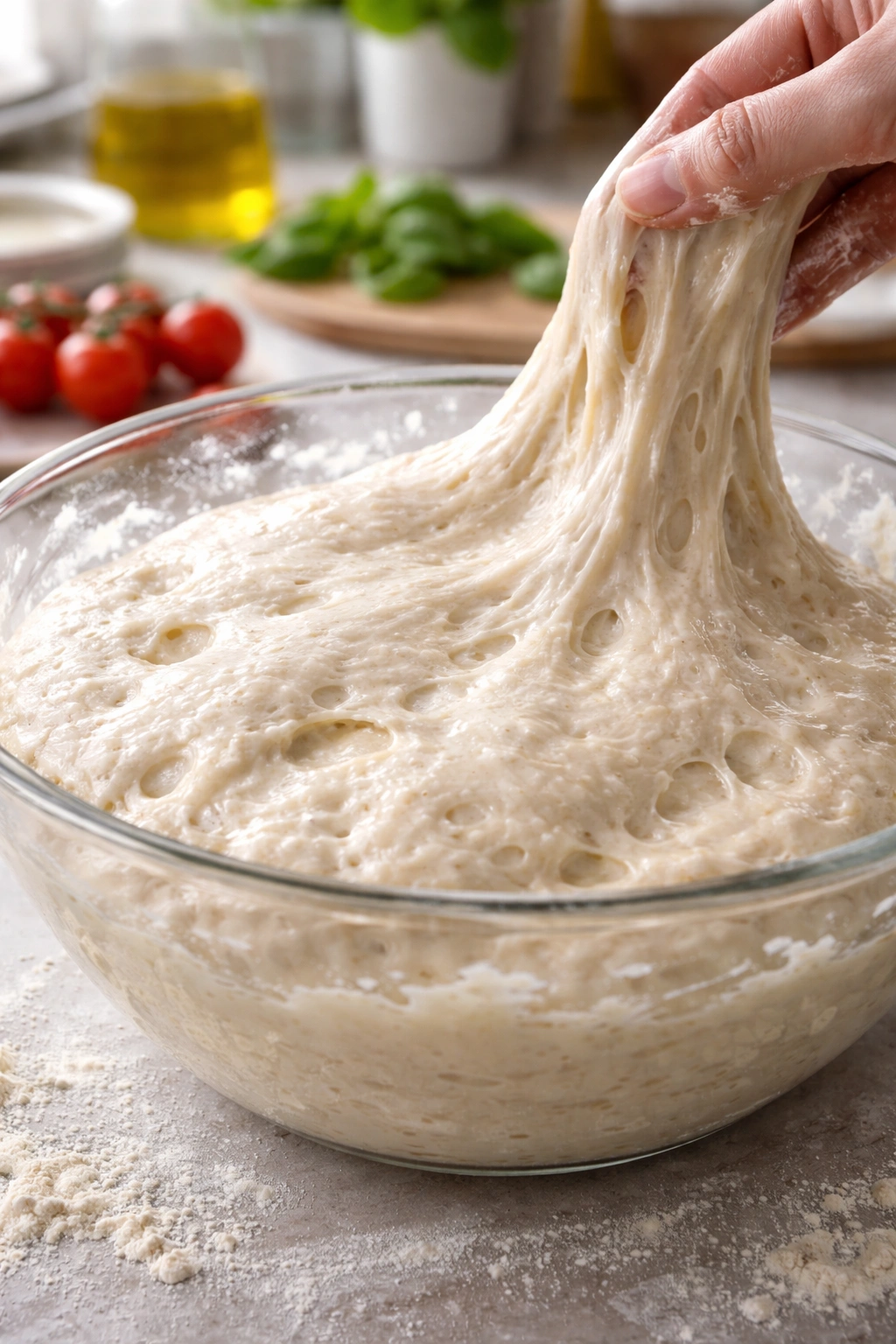 High-hydration pizza dough in a bowl with moisture and bubbles