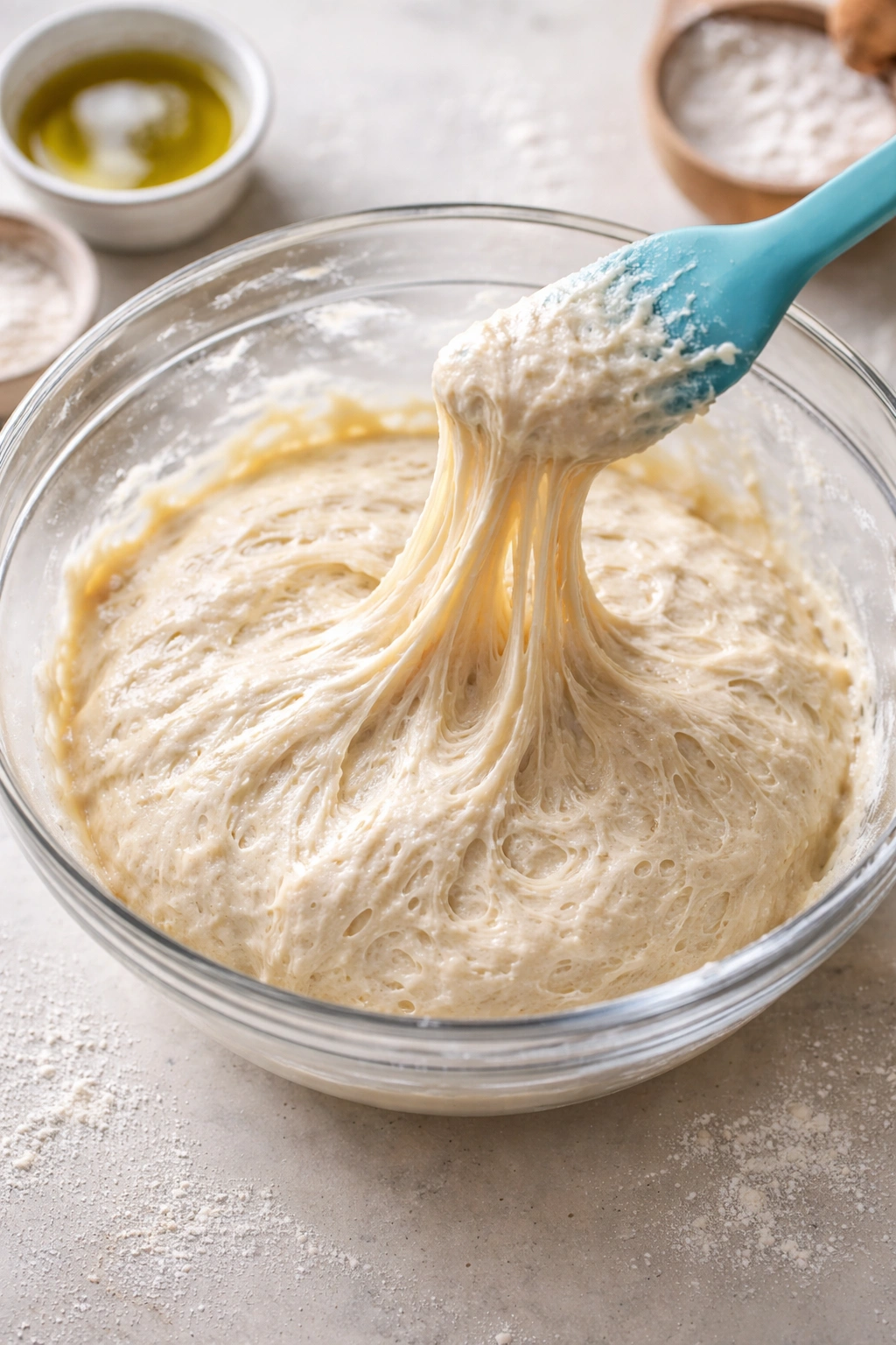 Sticky high-hydration dough in a glass bowl with a strand lifted