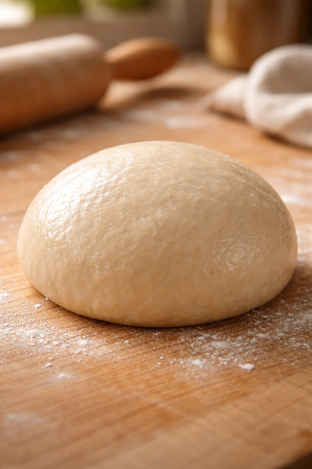 Close-up of a glossy dough ball on a wooden surface showing hydration balance