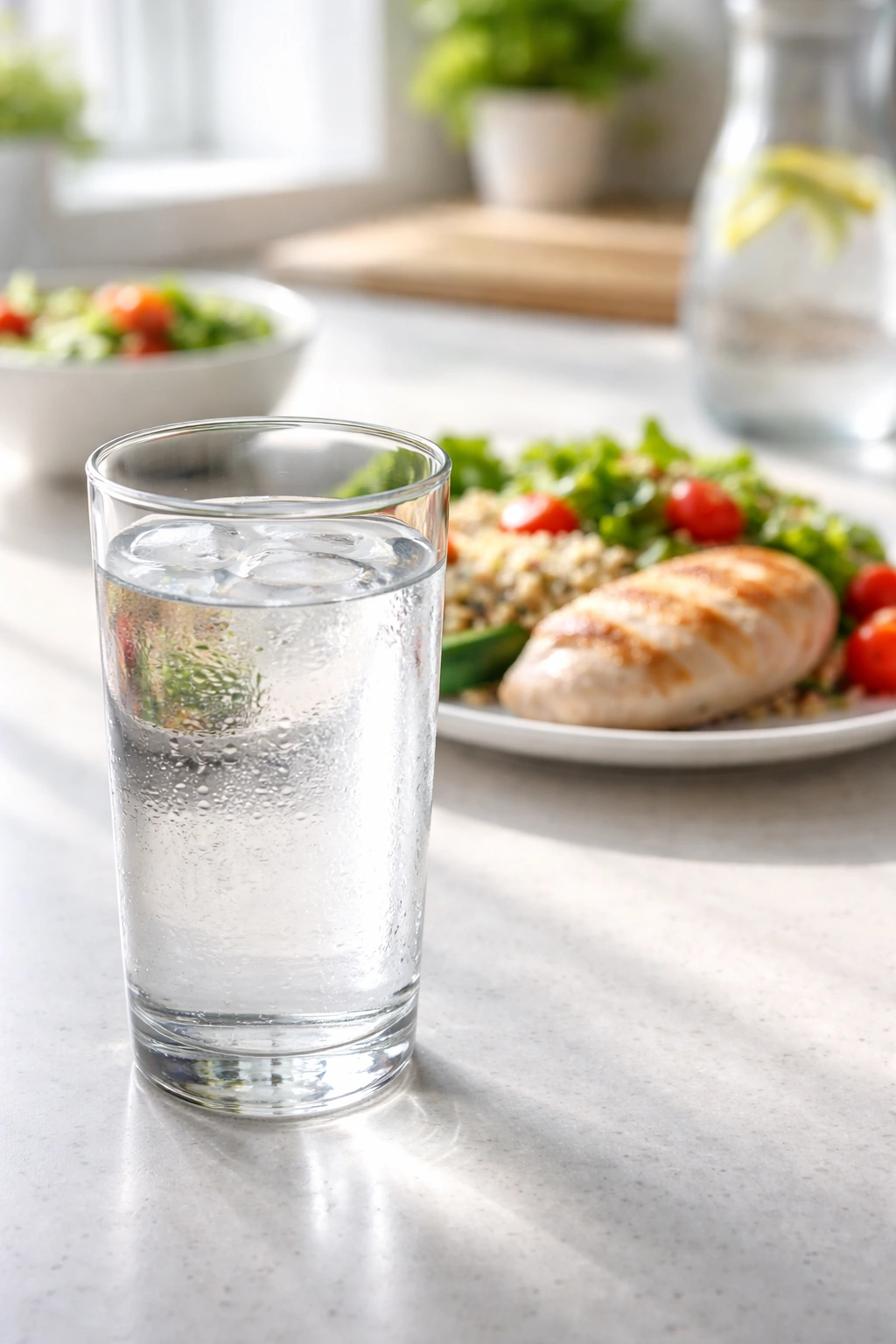 Tall glass of water with a dinner plate blurred in the background illustrating hydration's role in satiety