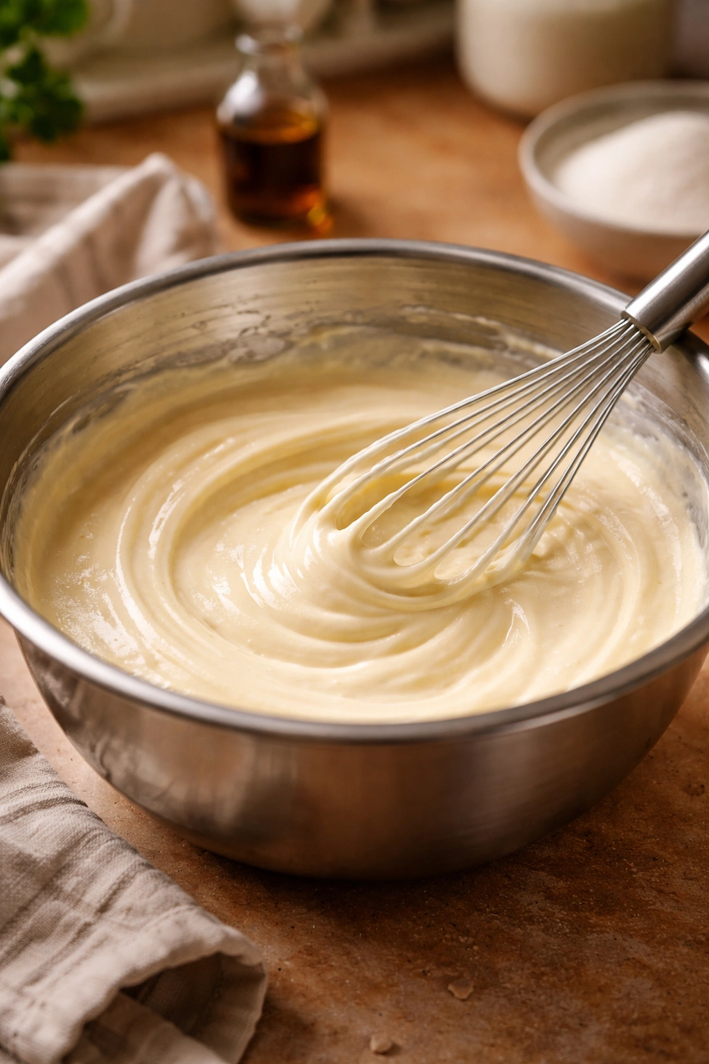 Close-up of creamy vanilla custard in a mixing bowl to illustrate preventing ice crystals