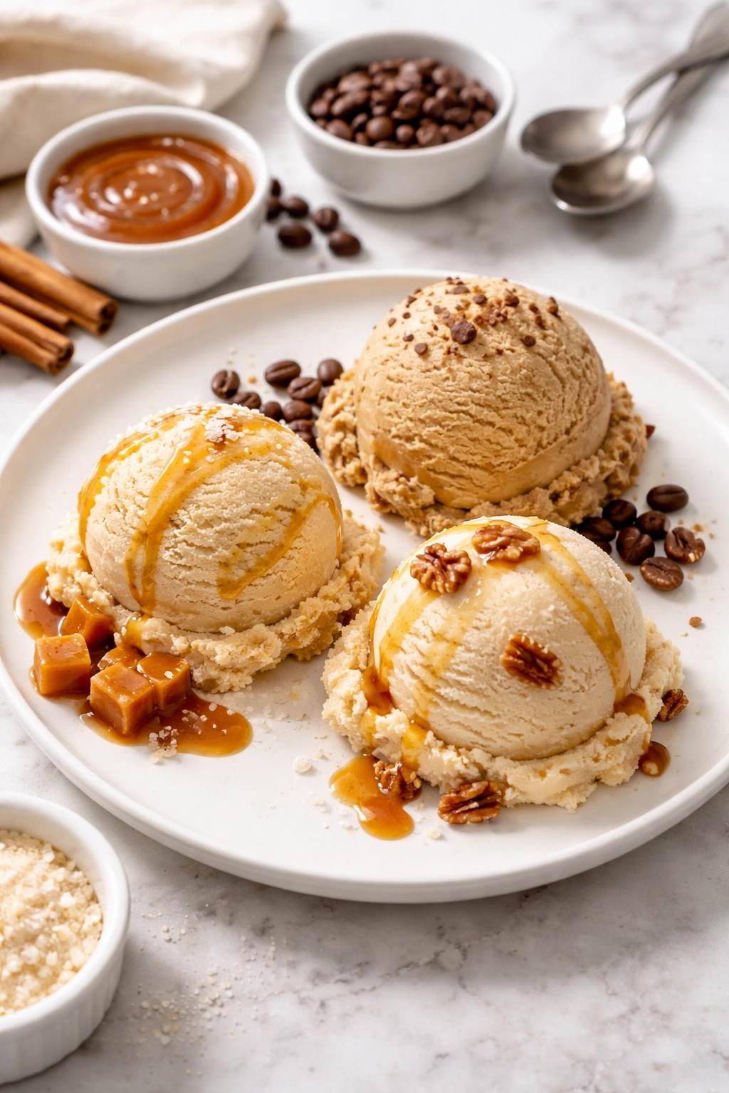 Three scoops of caramel, coffee, and maple ice cream on a white plate